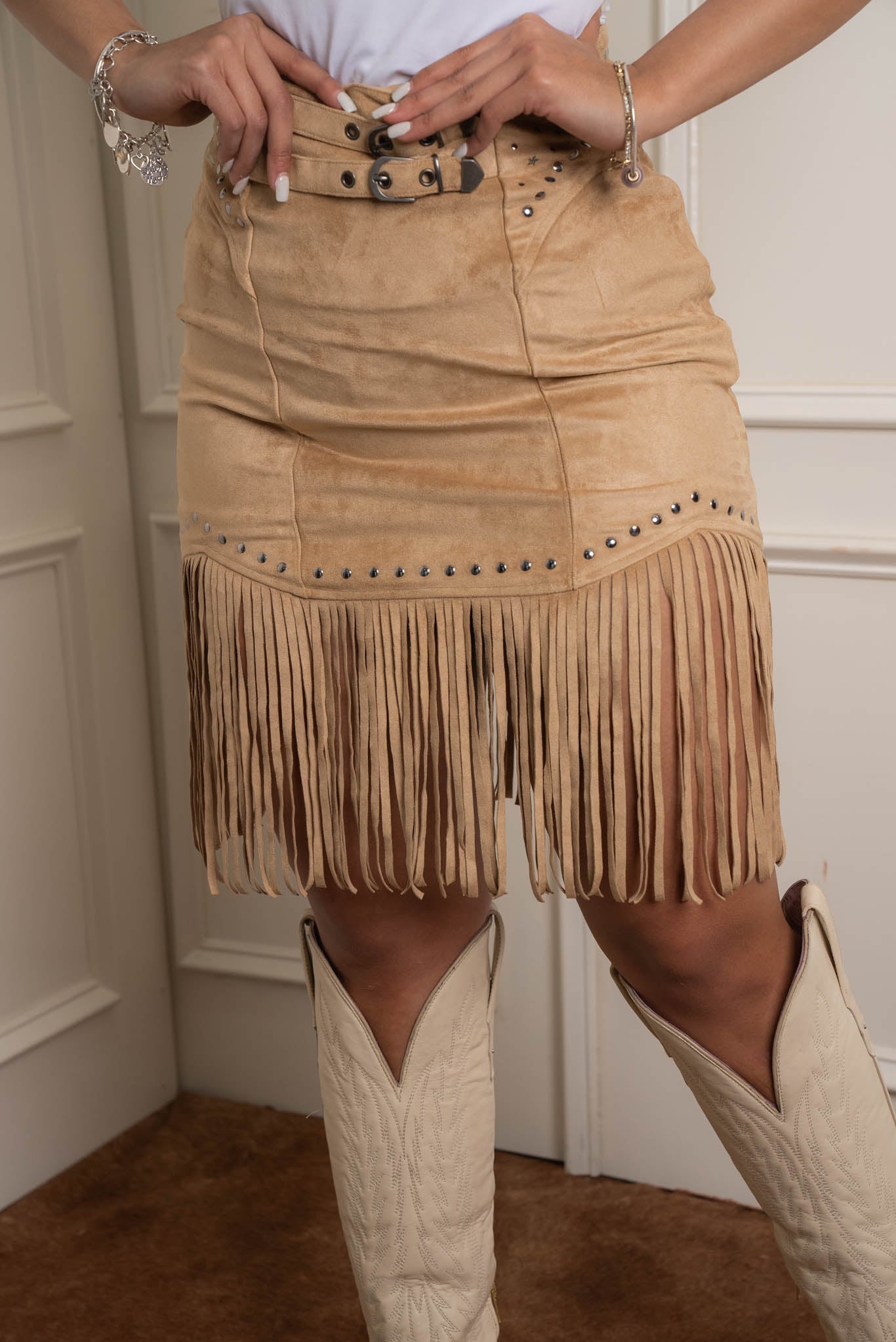 Rock & Roll Denim Fringe Mini Skirt for Women - Vintage Distressed High Waisted Denim Skirt with Fringe Trim | Perfect for Concerts, Music Festivals & Boho Outfits