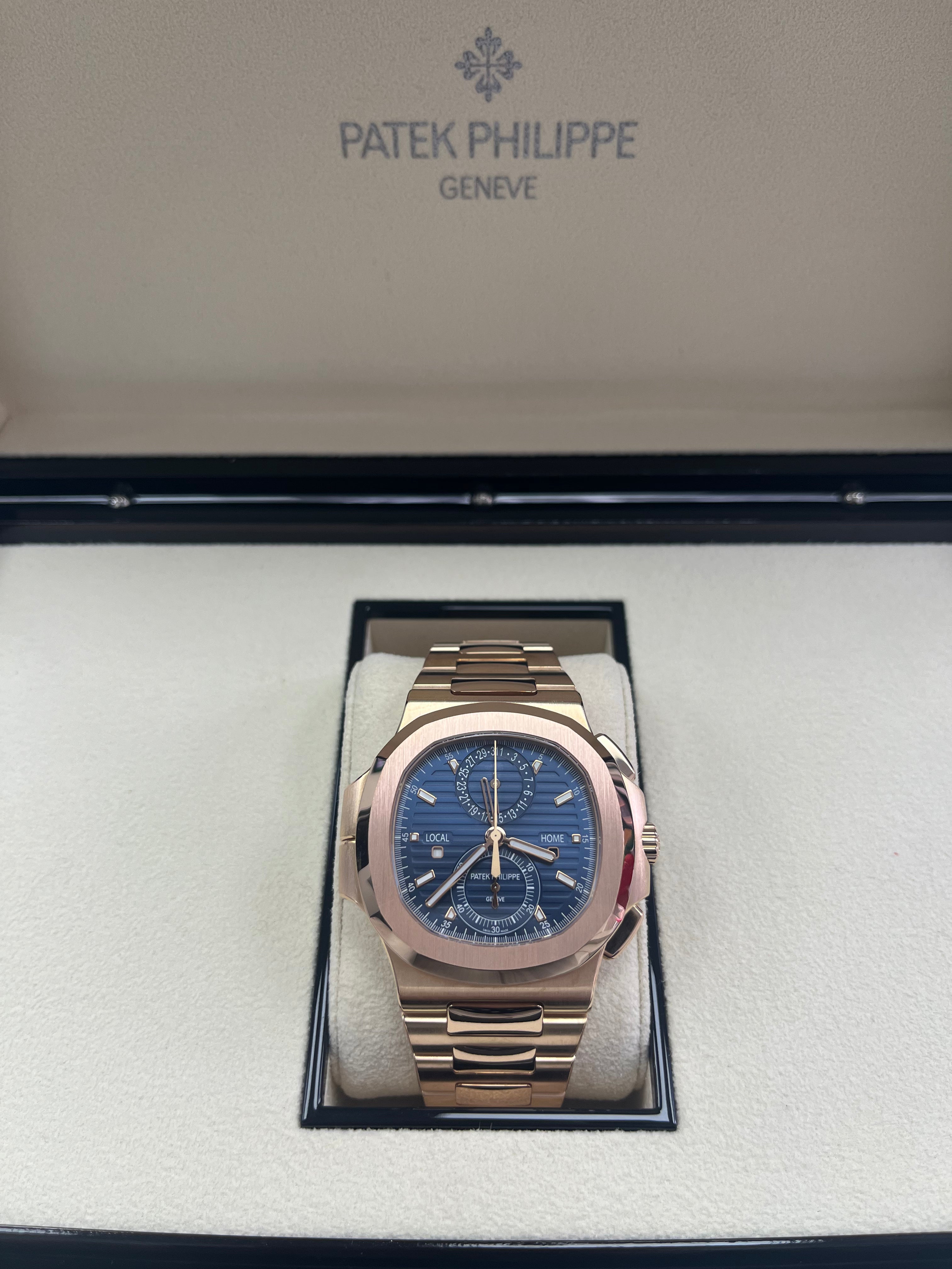 Patek Philippe Nautilus 5990/1R 001 Rose Gold Travel Time Chronograph Watch - Luxury Men's Automatic Timepiece for Business Travel & Formal Occasions