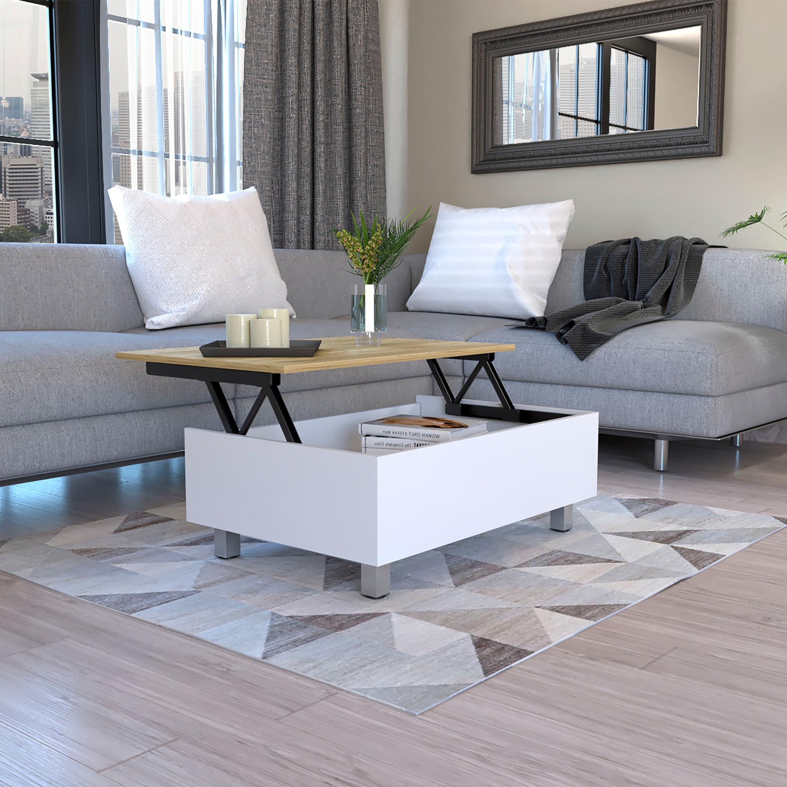 Tuhome Gambia Lift Top Coffee Table with Storage, 4-Leg Design in White & Light Oak - Perfect for Living Room, Office, and Small Spaces