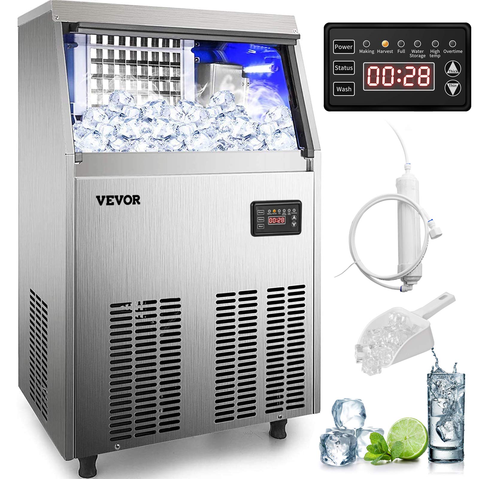 VEVOR Commercial Ice Maker Machine 80-90LBS/24H with 33LBS Storage Bin, Stainless Steel Self-Cleaning Ice Machine for Home Bar, Restaurant & Office - Includes Water Filter, Scoop & Connection Hose - Perfect for Cocktails, Beverages & Food Preservation