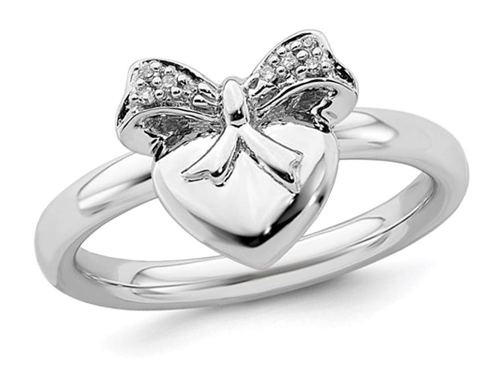 Sterling Silver Heart & Bow Ribbon Ring with Diamond Accent - Elegant Jewelry Gift for Women, Perfect for Valentine's Day, Anniversary & Special Occasions