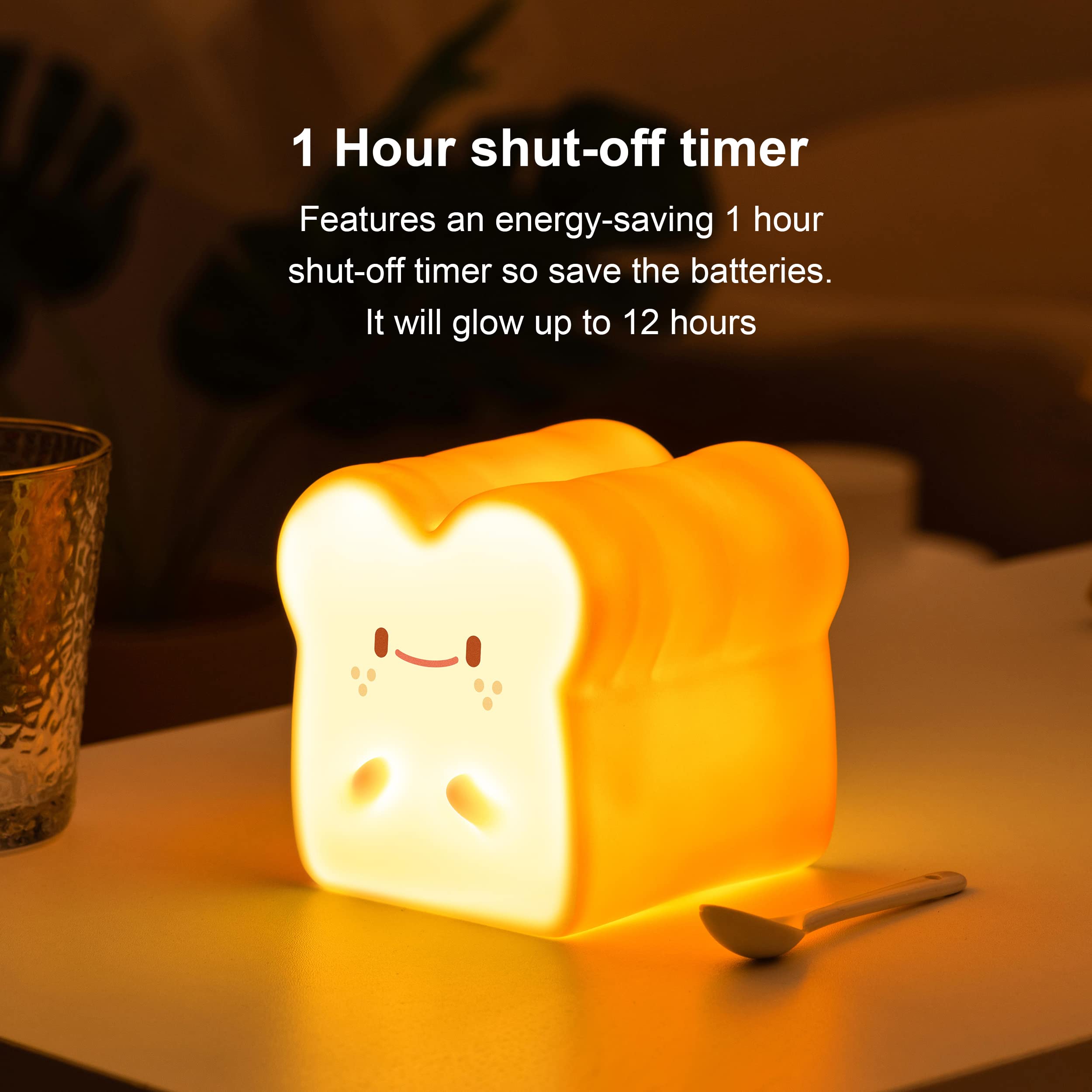 Baby Night Light - Cute Bread Toast LED Lamp for Kids Room with Timer Auto Shutoff, AAA Battery Operated Silicone Nightlight, Kawaii Bedroom Decor - Perfect for Nursery, Toddler Sleep Aid & Birthday Gifts for Teen Girls