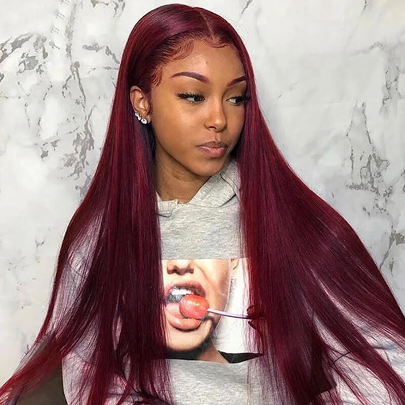 Eullair Pre-Colored Dark #99J Burgundy Frontal Wig - Natural Looking Human Hair Lace Front Wig for Women | Perfect Fall Color for Daily Wear, Parties & Special Occasions