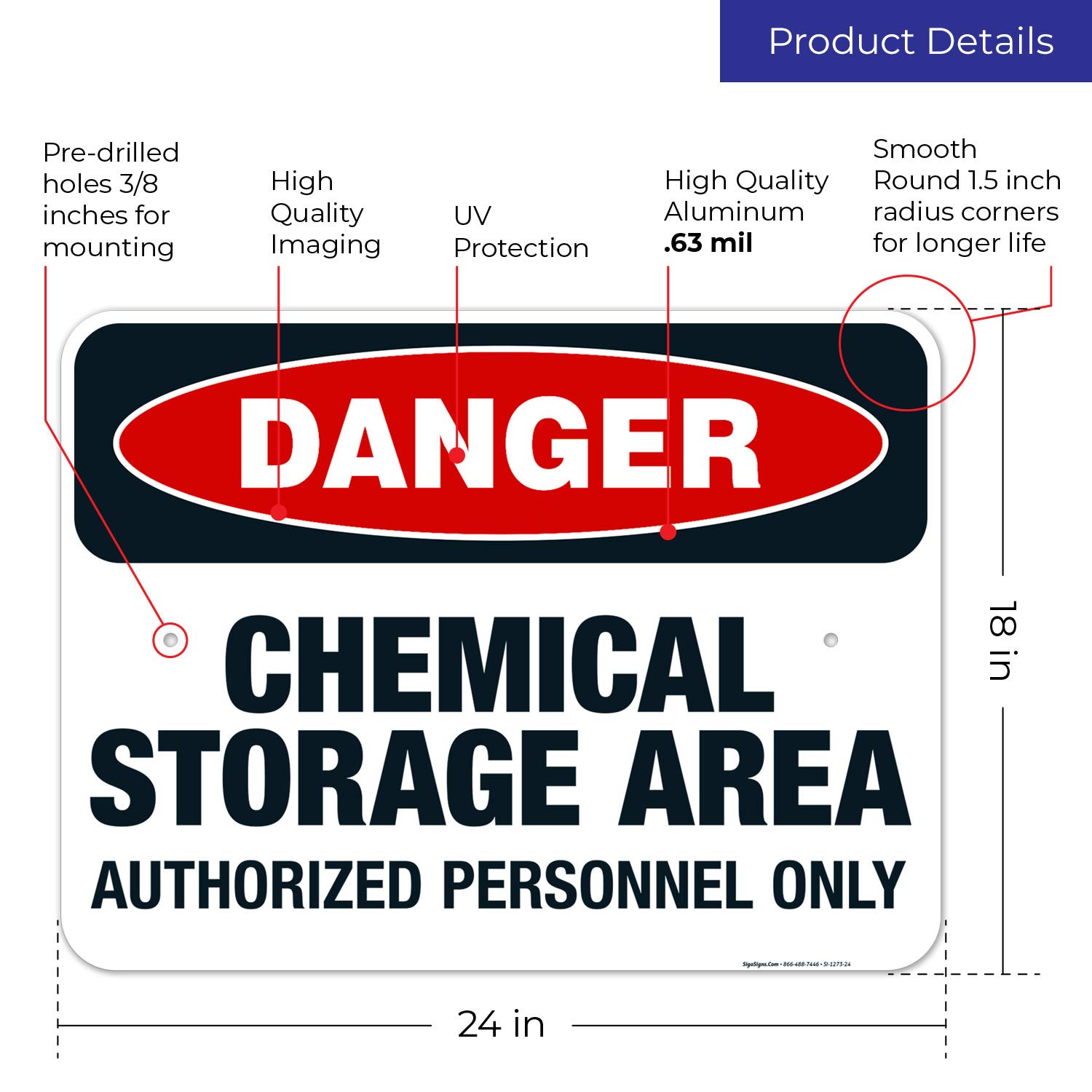 Danger Chemical Storage Area Authorized Personnel Only Sign - OSHA Compliant 18x24 Inch Rust-Free Aluminum Safety Sign - Fade Resistant for Indoor/Outdoor Use - Made in USA - Perfect for Warehouses, Laboratories & Industrial Facilities
