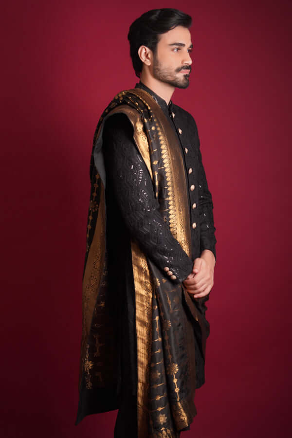 Elegant Jet Black Cordoba Artwork Sherwani for Men | Premium Embroidered Wedding Sherwani | Traditional Pakistani/Indian Formal Wear for Weddings, Festivals & Special Occasions