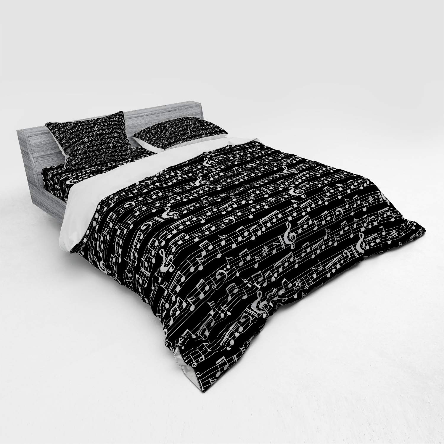 Ambesonne Music Duvet Cover Set - King Size Black & White Abstract Musical Notes & Clef Sheet Pattern 4-Piece Bedding with Shams & Fitted Sheet | Perfect for Musicians' Bedrooms, Music Studio Decor, or Gift for Music Lovers
