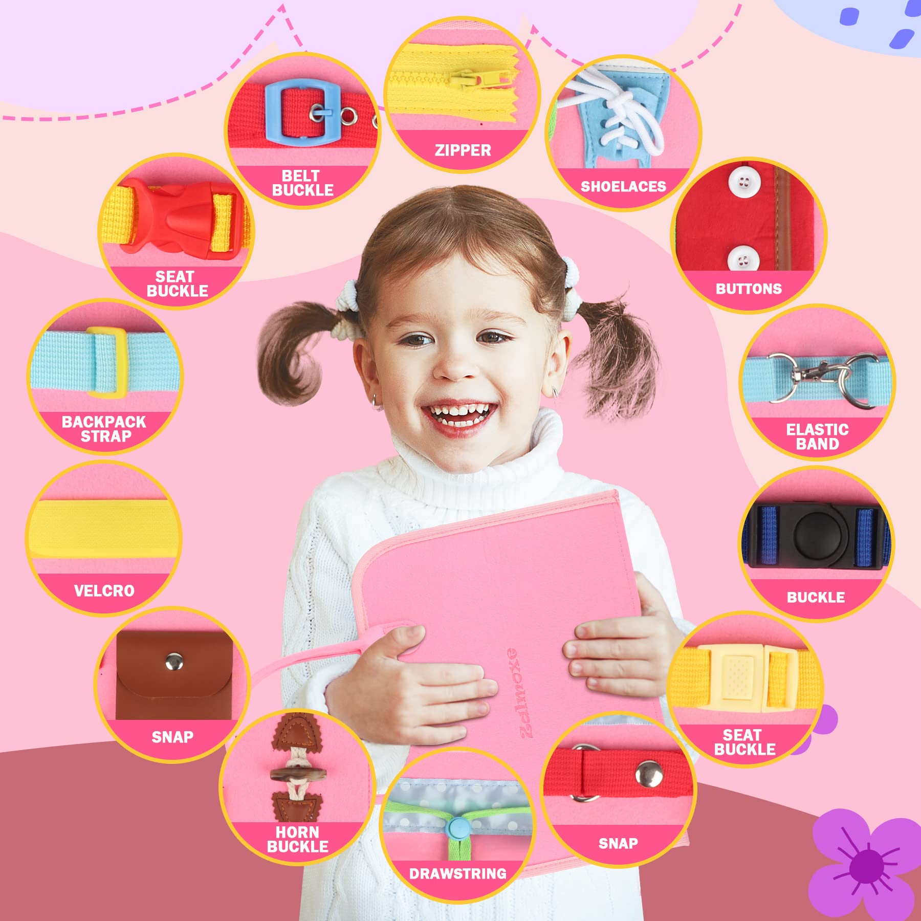 Montessori Busy Board for Toddlers 1-4 Years - Sensory Learning Toys with Buckles & Zippers - Educational Dress Skills Activity Board for Boys & Girls - Travel Toys for Airplane & Car Rides - Perfect Gift for Preschoolers (Pink)
