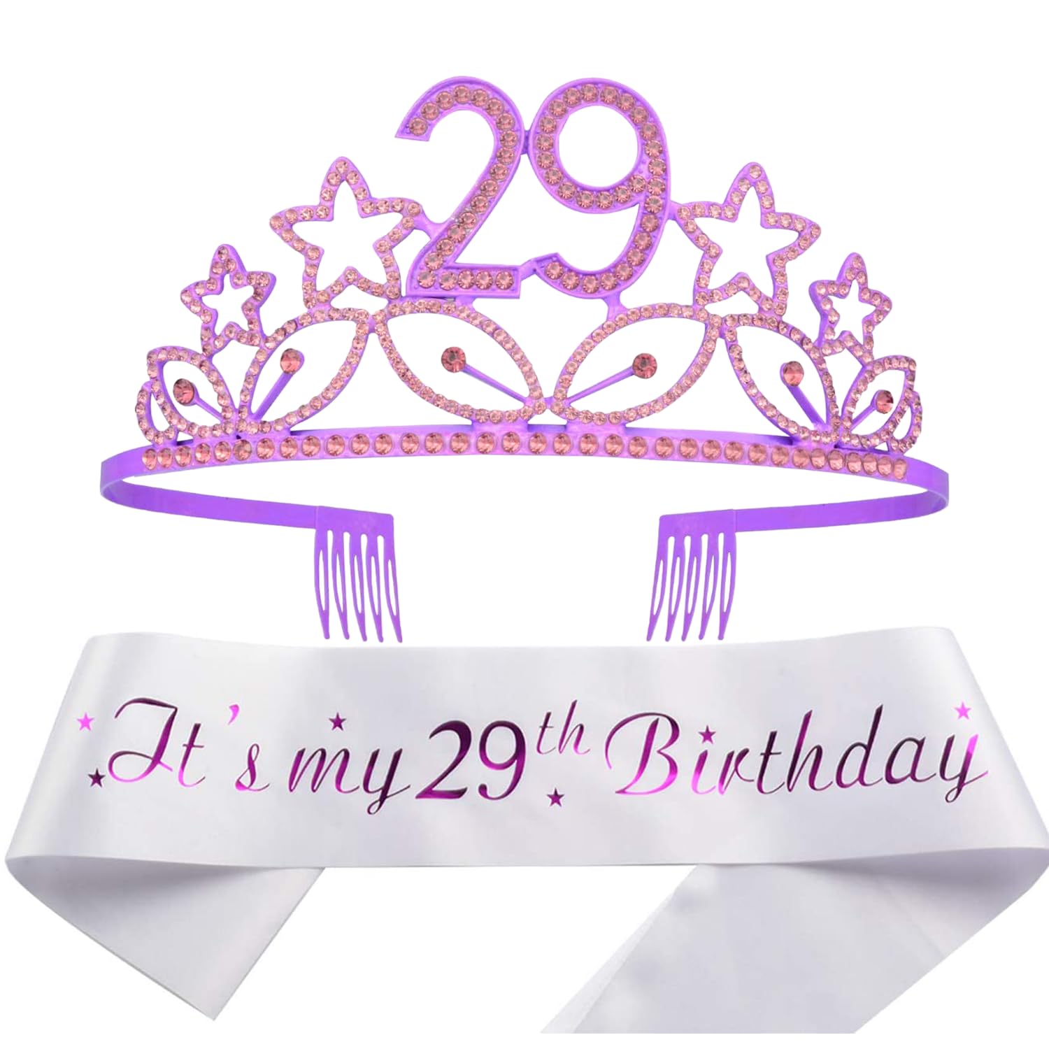 MEANT2TOBE 29th Birthday Sash & Tiara Set for Women - Sparkling Glitter Sash with Rhinestone Stars & Elegant Purple Metal Tiara | Perfect 29th Birthday Gift for Parties, Bachelorette, Girls Night Out & Special Celebrations