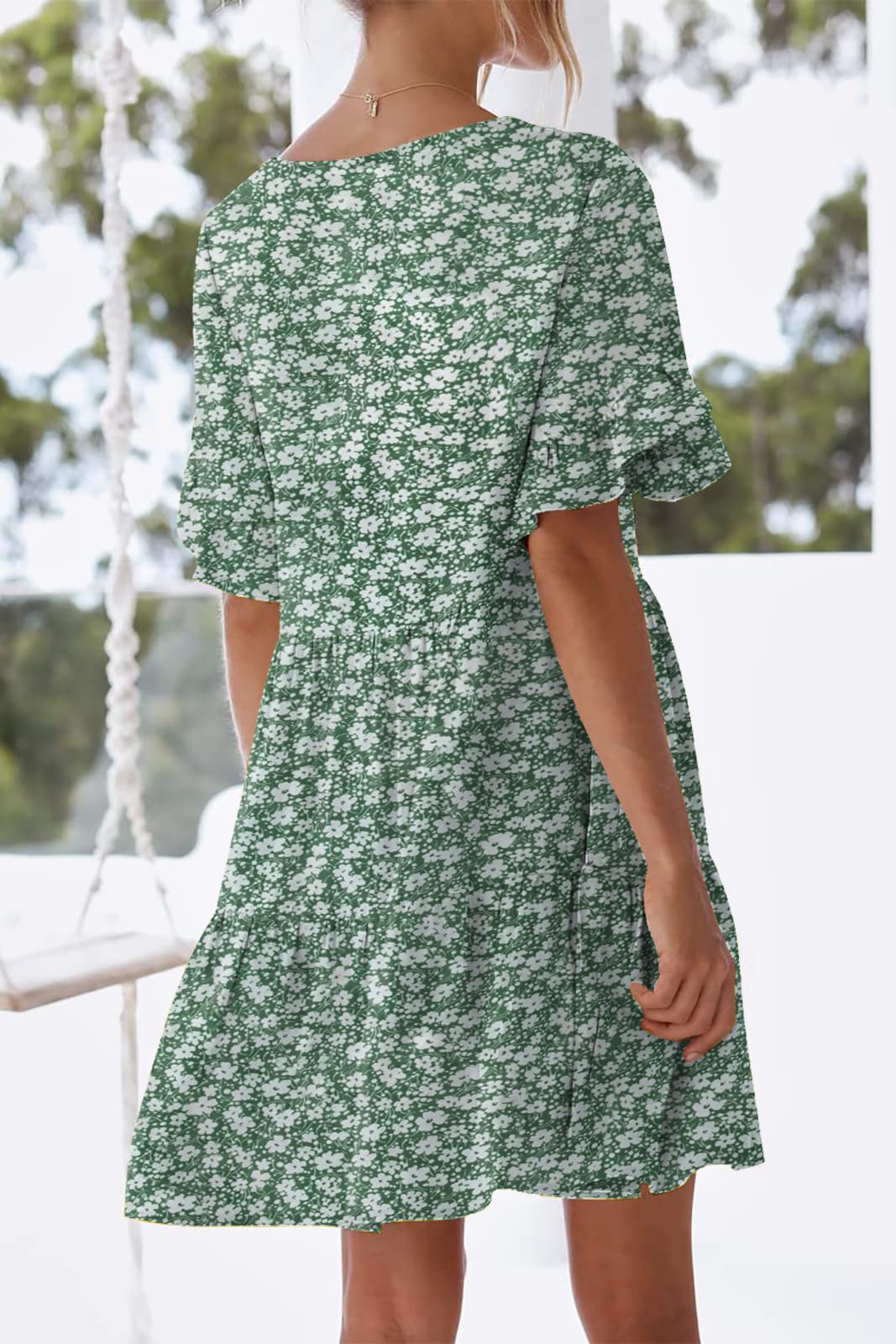 Nclook Women's 2025 Summer Casual Dress - Sweet Cute V-Neck Mini Dress with Pockets, Short Sleeve Ruffle Floral Dress for Beach, Party & Date Night