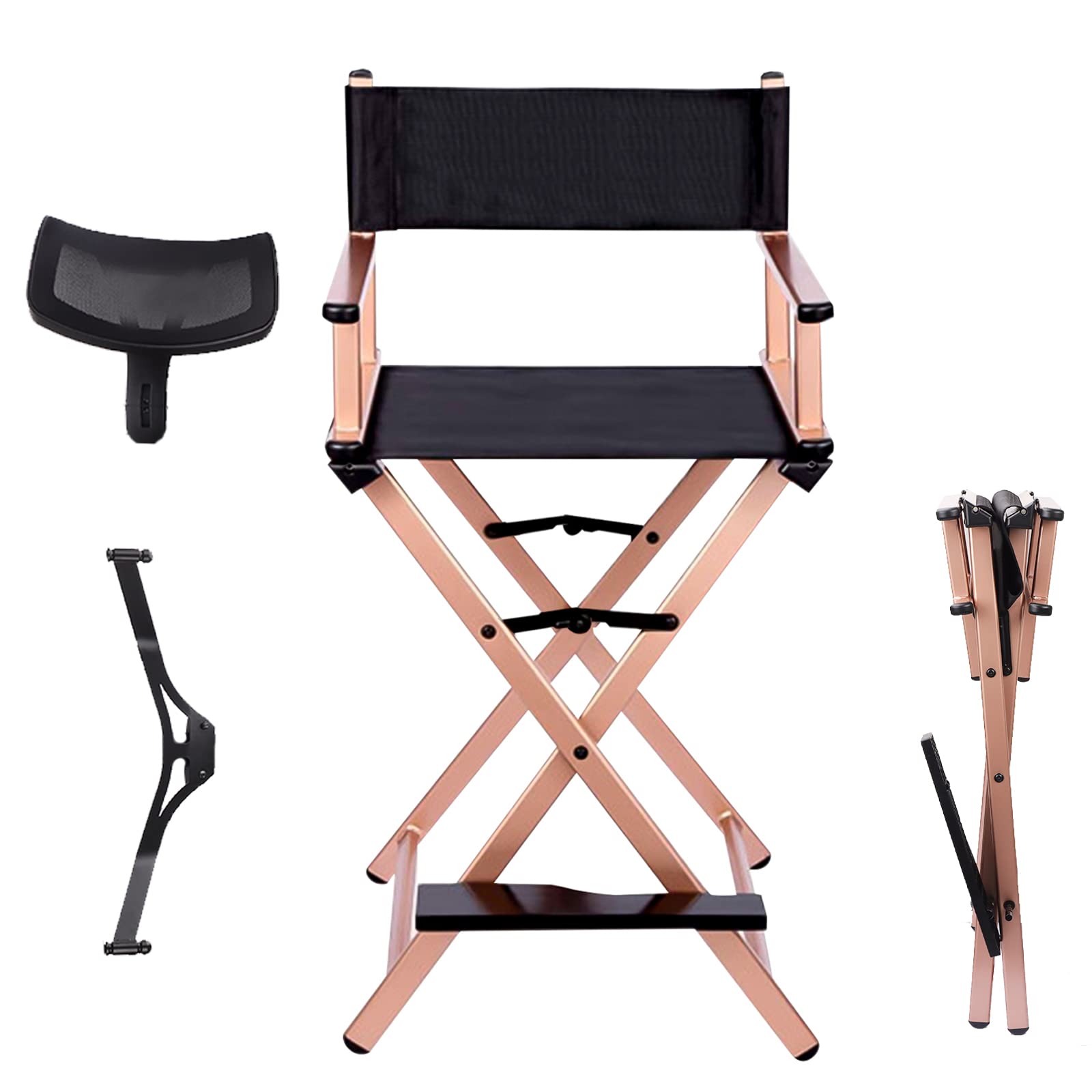 Lorvain Foldable Makeup Artist Stool Chair - Portable Tall Folding Director's Chair with Headrest, Aluminum Frame for Salon, Studio & Vanity - Bar Height Gold Stool for Professional Makeup, Hairstyling & Photography Sessions
