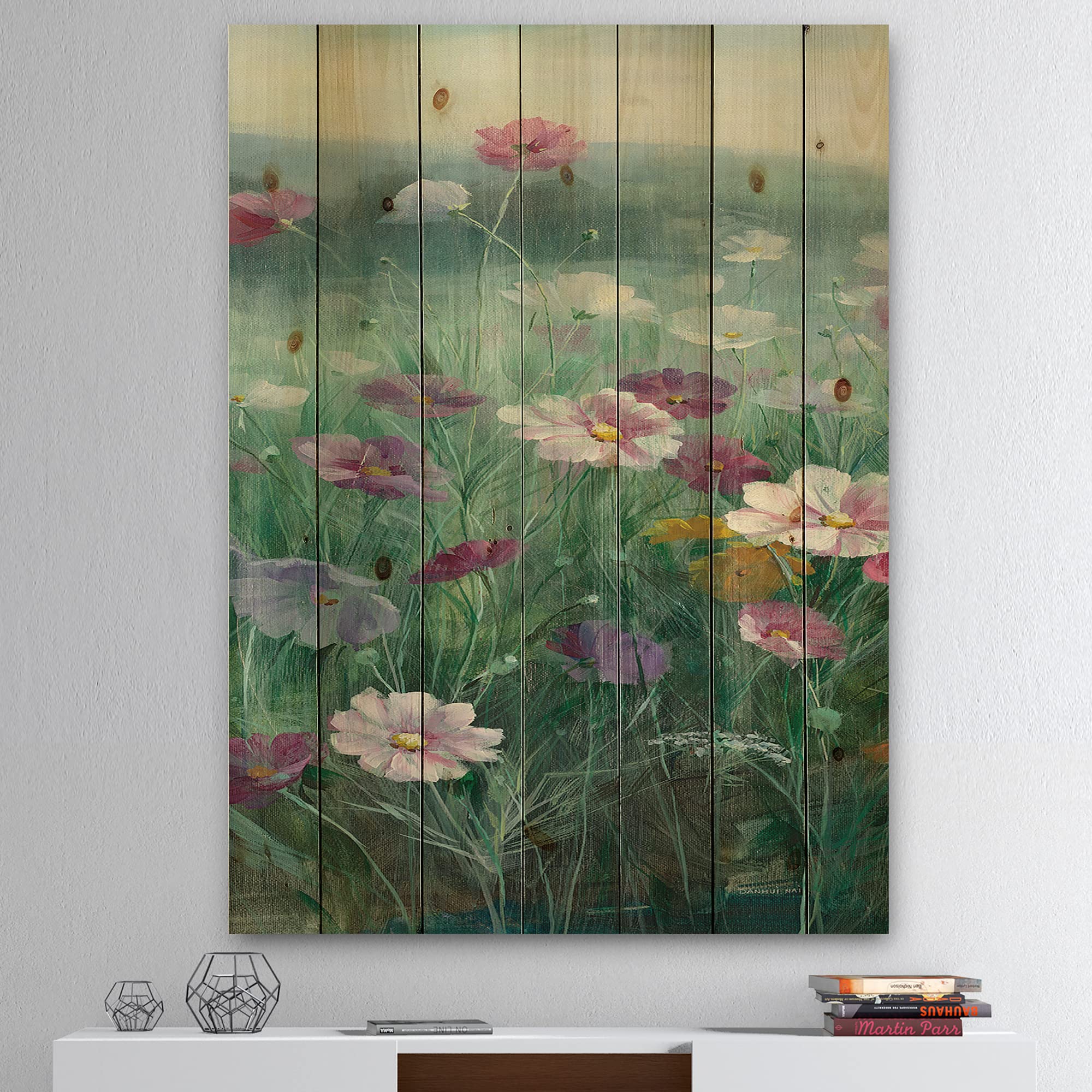DesignQ Cosmos At Dawn II Traditional Blue Floral Wood Wall Art - Large Pine Wood Wall Decor Panel for Living Room, Bedroom & Office Decor