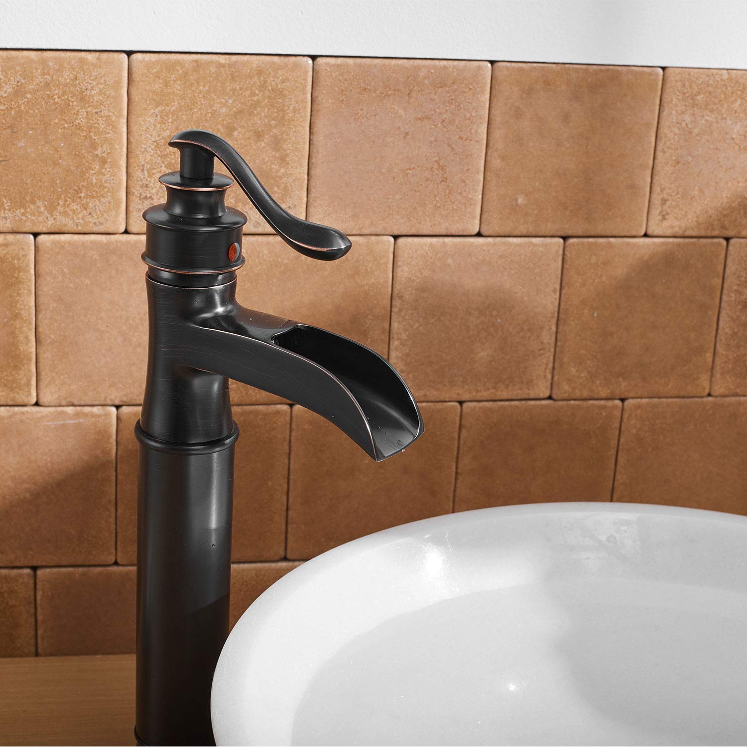 Oil Rubbed Bronze Vessel Sink Faucet with Waterfall Spout & Pop-Up Drain - Single Handle Bathroom Vanity Faucet Set with Overflow Drain Stopper - Perfect for Modern Farmhouse & Spa Bathroom Decor