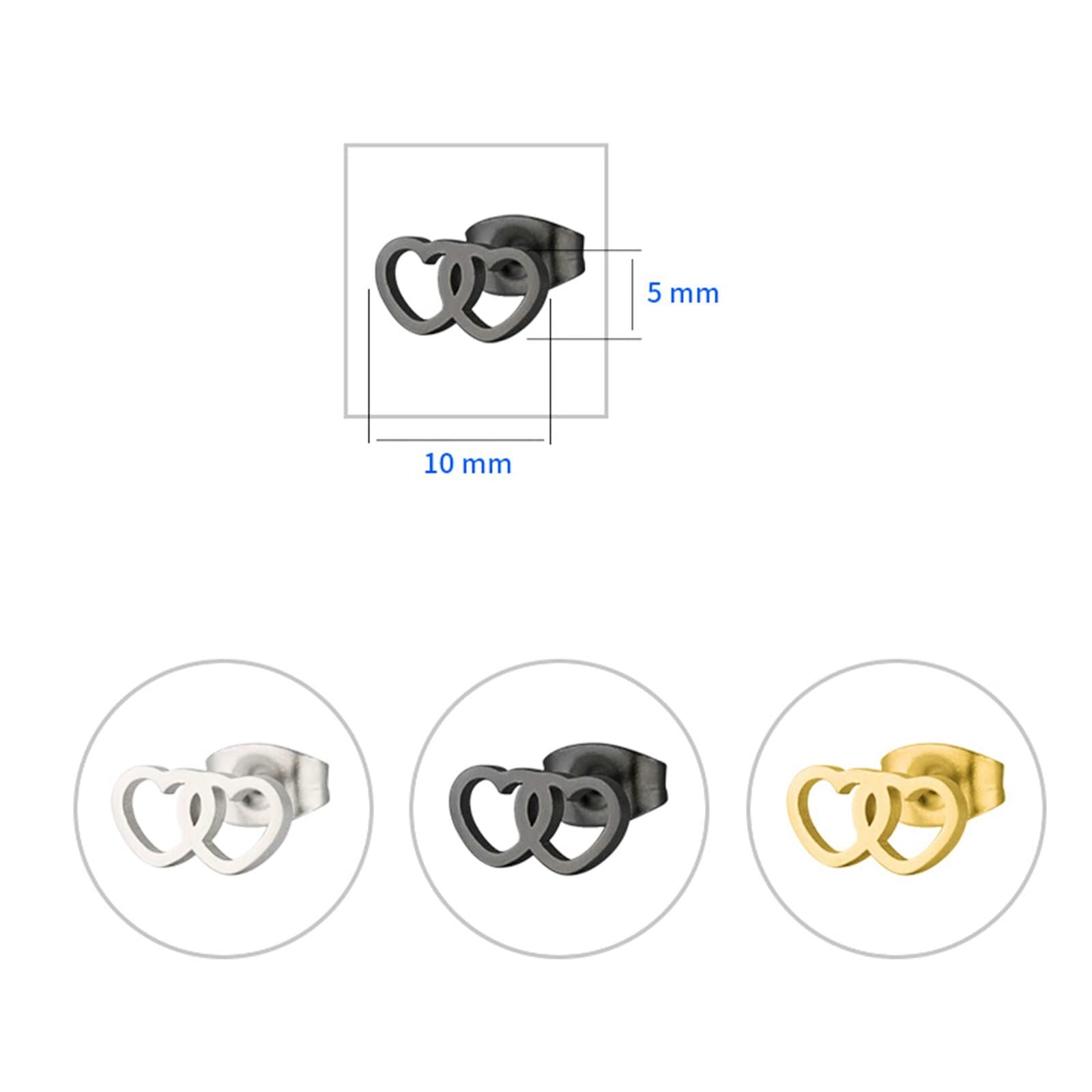 Titanium Stud Earrings for Women - 3 Pairs Silver Black Gold Double Hollow Heart Earrings | Hypoallergenic, Lightweight Jewelry for Everyday Wear, Gift Giving & Special Occasions