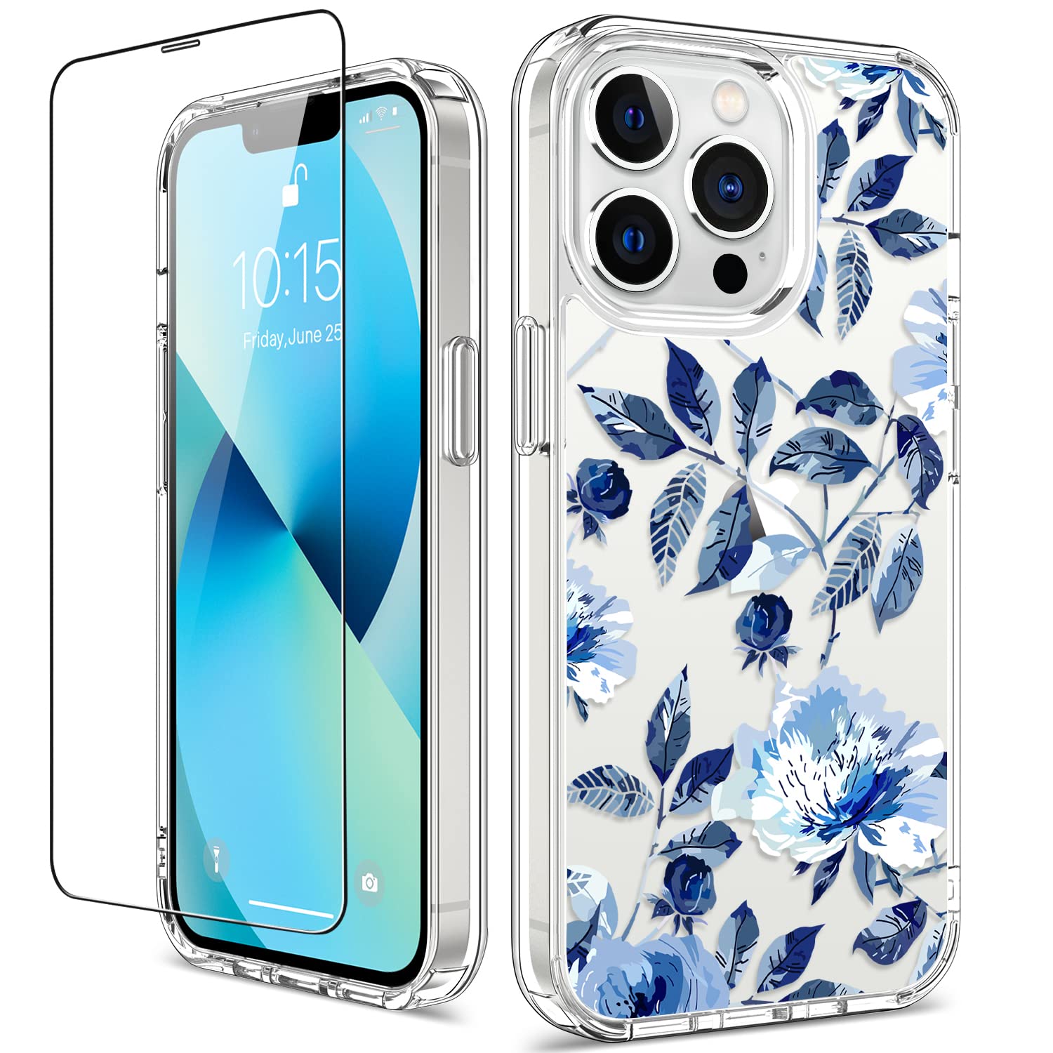 GiiKa iPhone 13 Pro Case with Screen Protector - 6.1 Inch Clear Shockproof Protective Case for Women | Floral Design Hard Case with TPU Bumper Cover | Perfect for Everyday Use, Work & Travel (Blue Flowers)