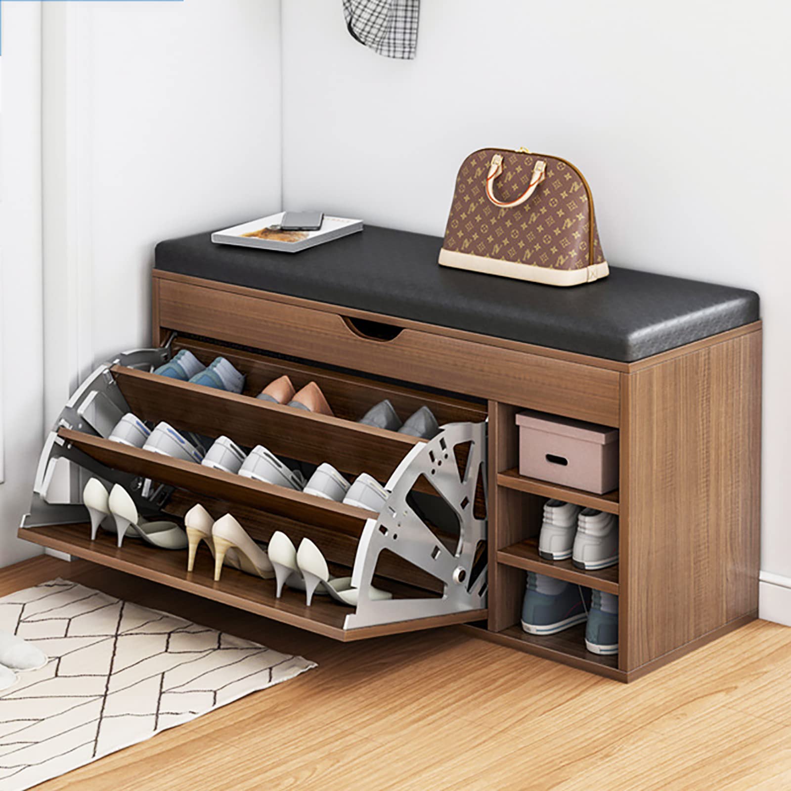 LLandSS Entryway Bench with Hidden Shoe Storage - Leather Upholstered Shoe Rack Bench for Kids & Adults (Model SHM98F-004) - Perfect for Small Spaces, Hallways & Mudrooms