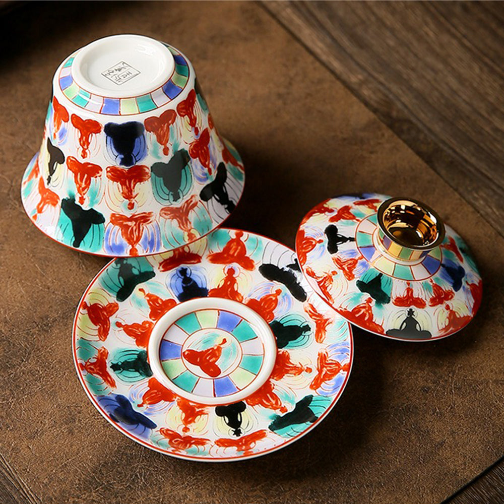 Premium Hand-Painted Enamel Porcelain Gaiwan Tea Set - Traditional Chinese Buddha Design - Perfect for Gongfu Tea Ceremony, Meditation & Home Decor