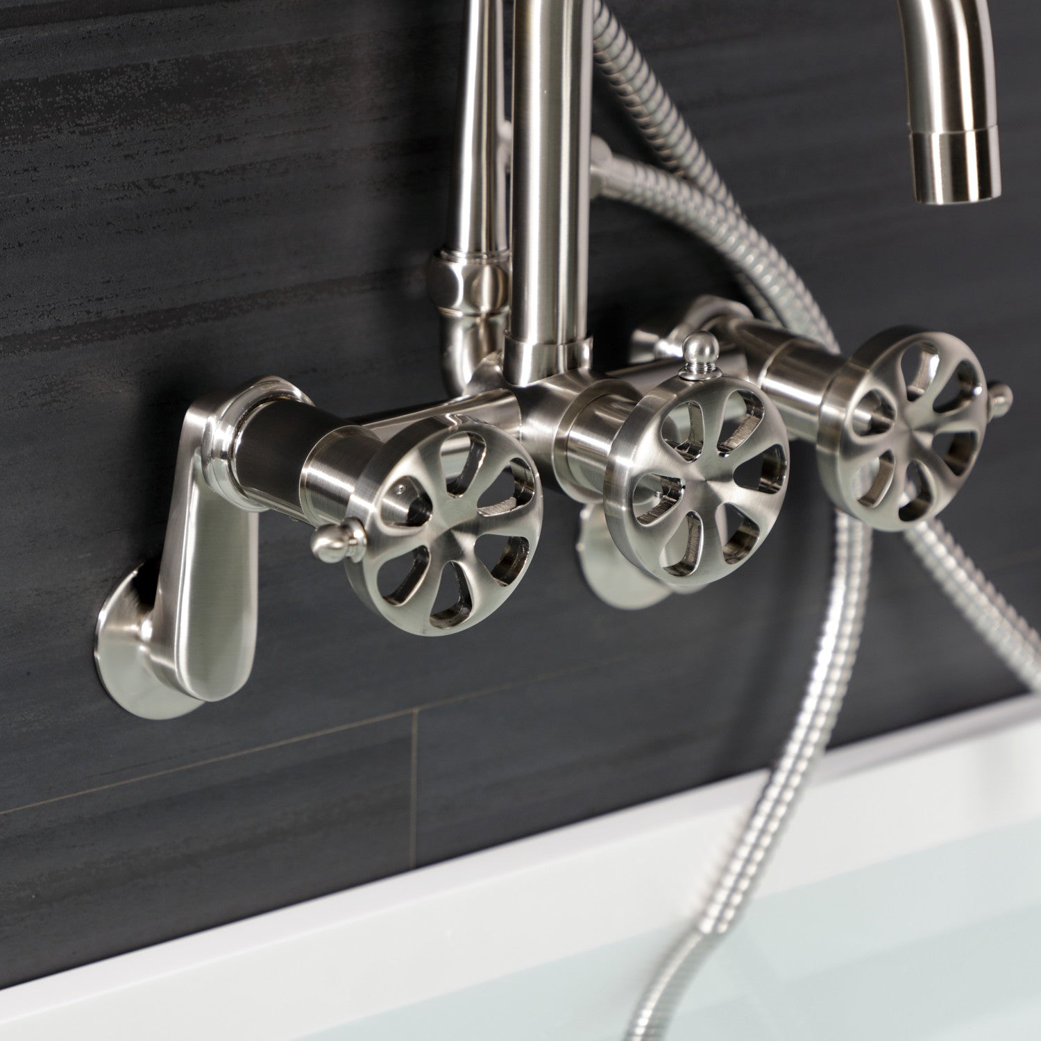 Belknap AE8458RX 3-Handle 2-Hole Wall Mount Clawfoot Bathtub Faucet with Hand Shower in Brushed Nickel - Perfect for Vintage Bathroom Renovations and Spa-Like Shower Experience