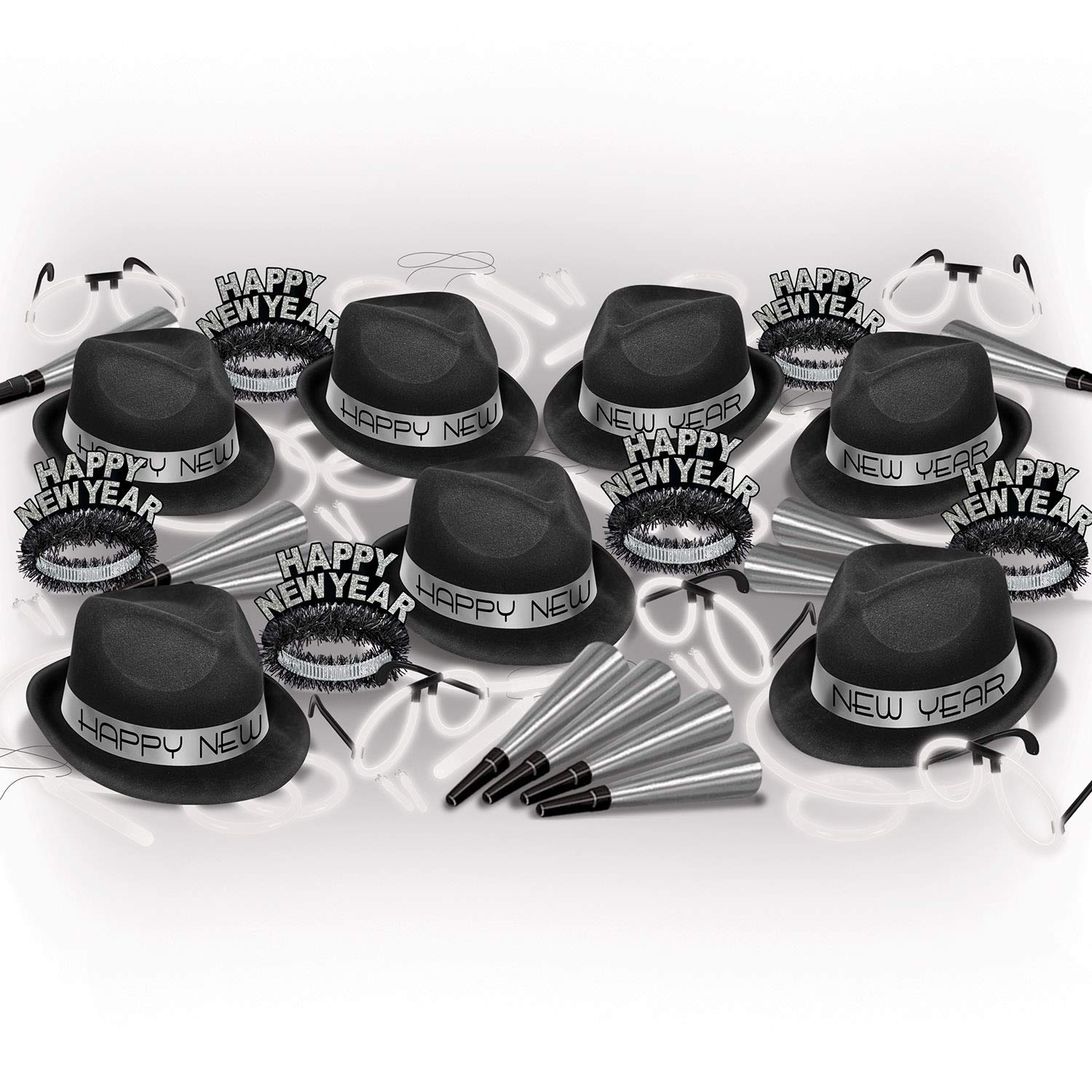 Beistle New Year Party Decorations Kit - Black & Silver Assorted Pack for 50 Guests | NYE Balloon Garland, Backdrop & Tableware Set for 2024 Countdown Party