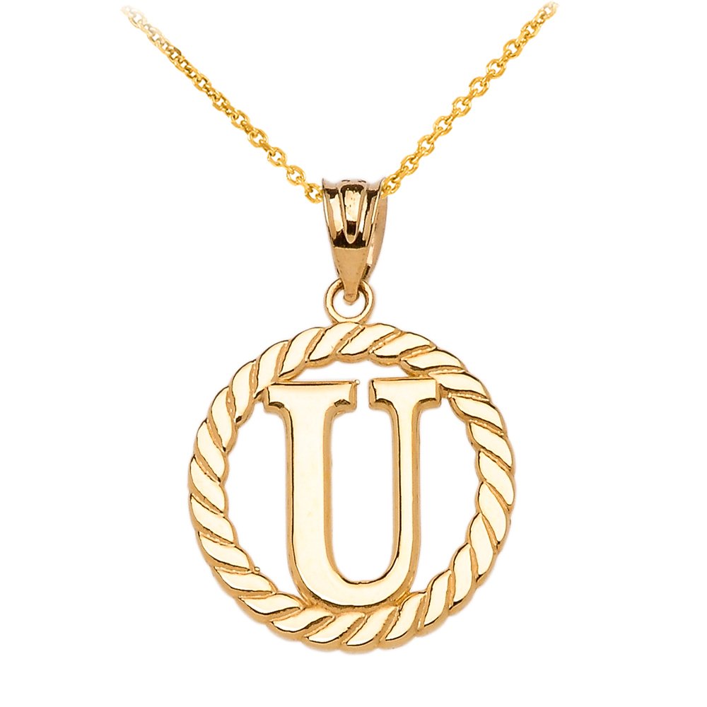 14K Yellow Gold Roped Circle Initial Pendant Necklace - Personalized U Letter Jewelry for Women, Gift for Her, Birthday, Anniversary, Valentine's Day
