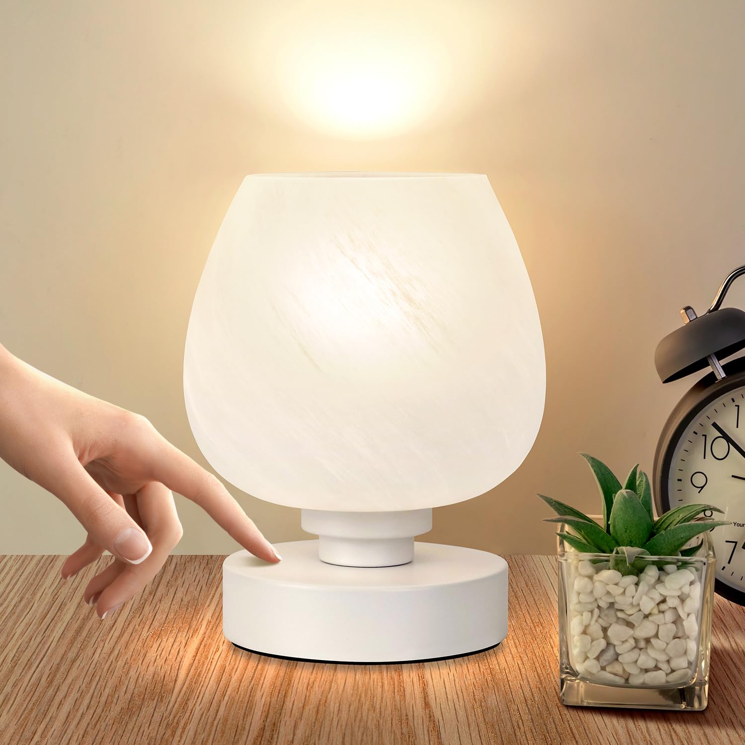 Modern Touch Bedside Table Lamp - 3-Way Dimmable Nightstand Lamp with White Opal Glass Shade, Warm White Bulb Included | Perfect for Bedroom, Living Room & Office Decor | Stylish Night Light & Thoughtful Gift Idea