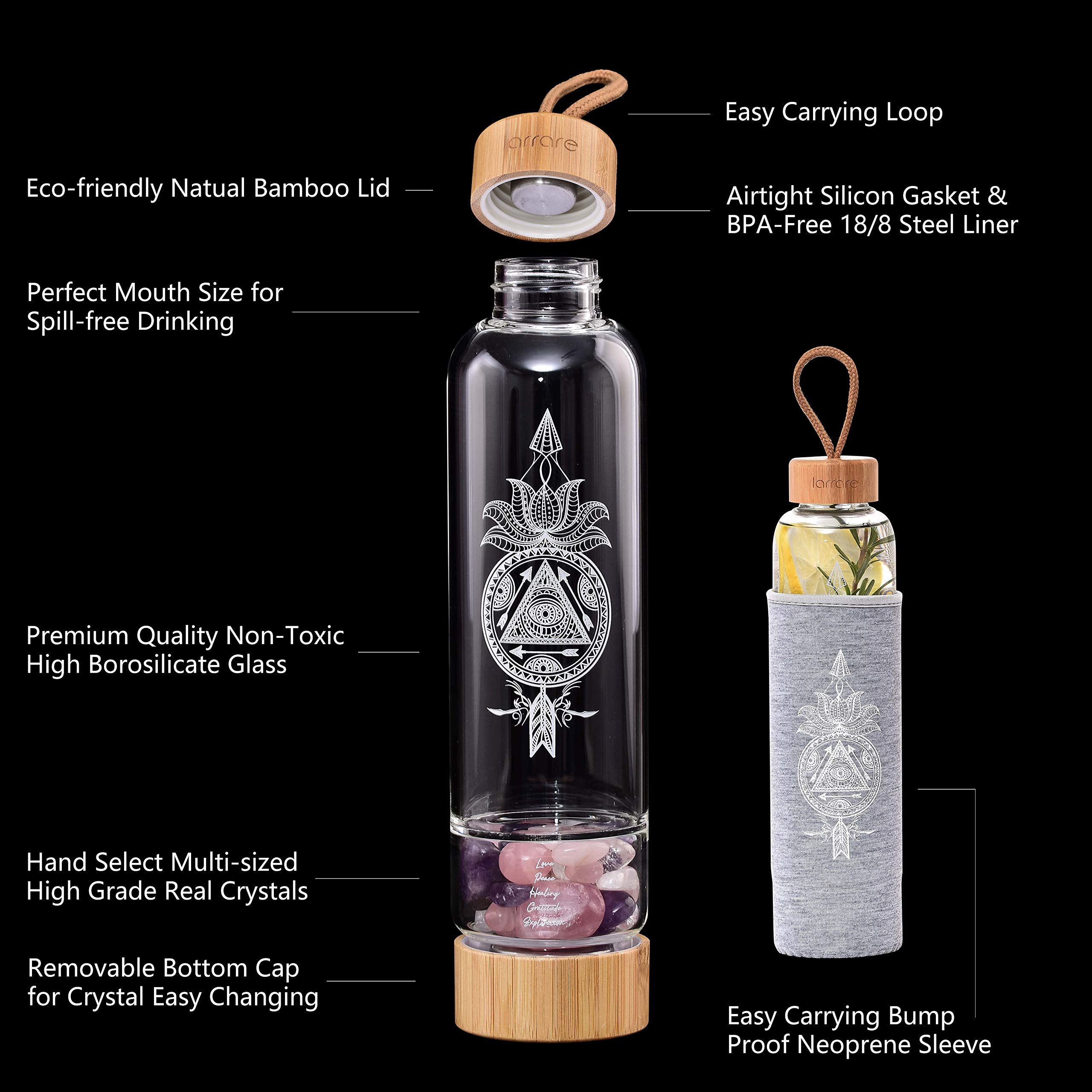 19oz Crystal Infused Water Bottle with Gemstones - Amethyst, Rose Quartz for Wellness & Hydration