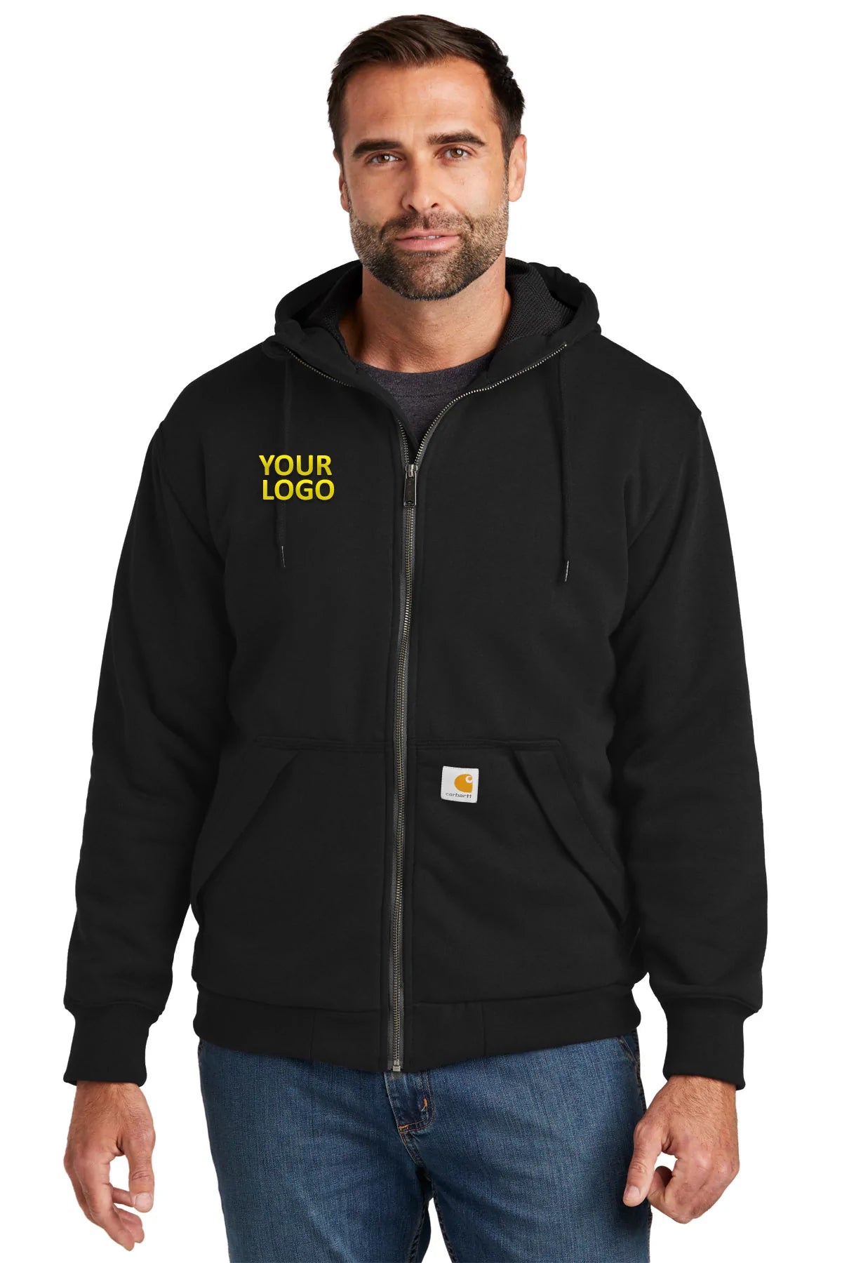 Carhartt Thermal Lined Custom Zip-Up Hoodie for Men - Black | Warm Winter Work Jacket for Outdoor Construction & Heavy Duty Jobs