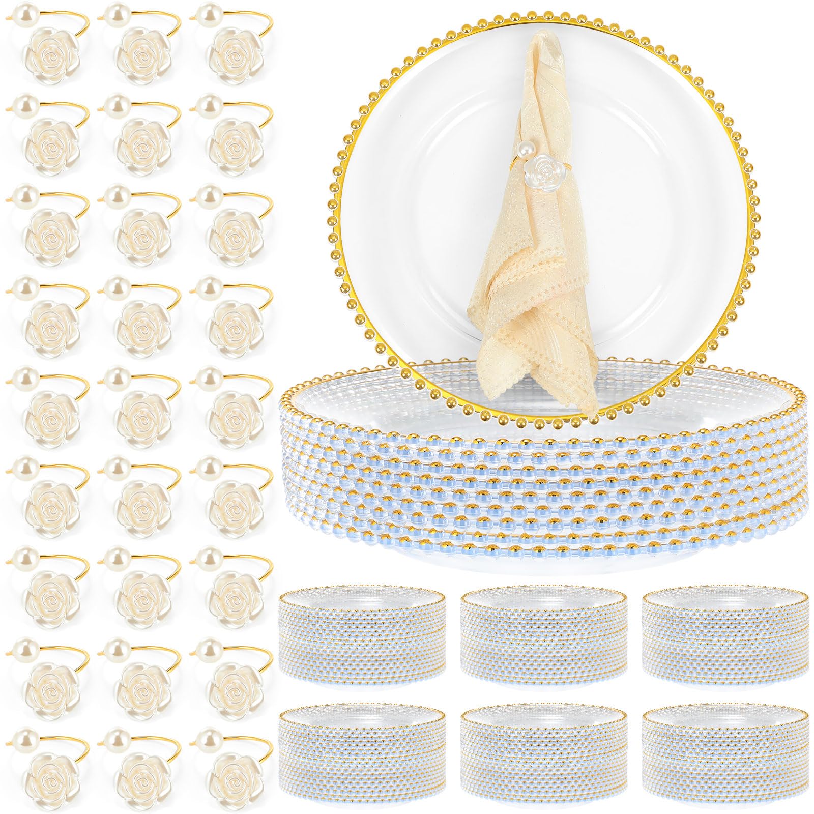 50-Pack Clear Beaded Charger Plates & Napkin Rings Set - 13 Inch Gold Plastic Round Plates for Wedding, Dinner Party & Event Table Decorations - Elegant Table Setting for Formal Occasions