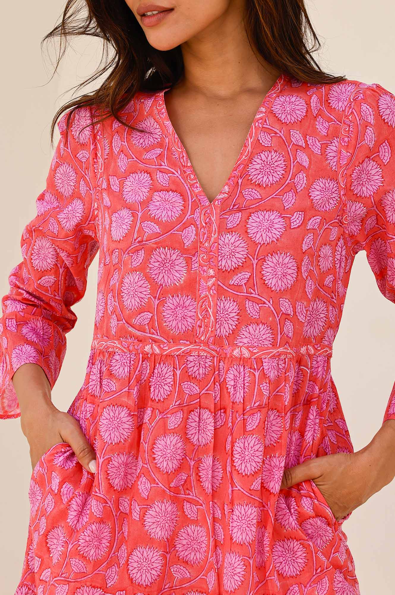 Hayden Block Print Dress in Mara Red & Pink | Floral Cotton Maxi Dress for Women | Perfect for Summer, Beach, and Boho Fashion
