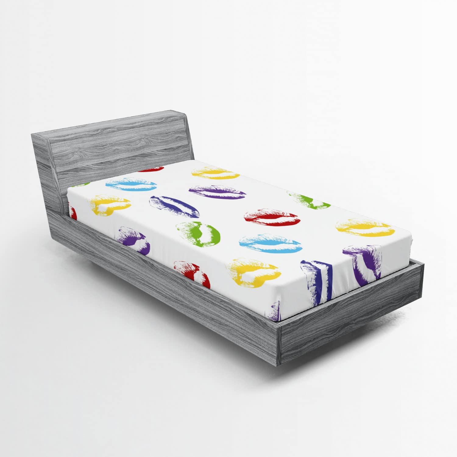 Ambesonne Colorful Fitted Sheet - Makeup Cosmetics Theme with Lipstick & Kisses Design, Deep Pocket Elastic Twin Size Bed Sheet for Girls & Women | Perfect for Teen Bedrooms, Dorm Rooms & Feminine Decor
