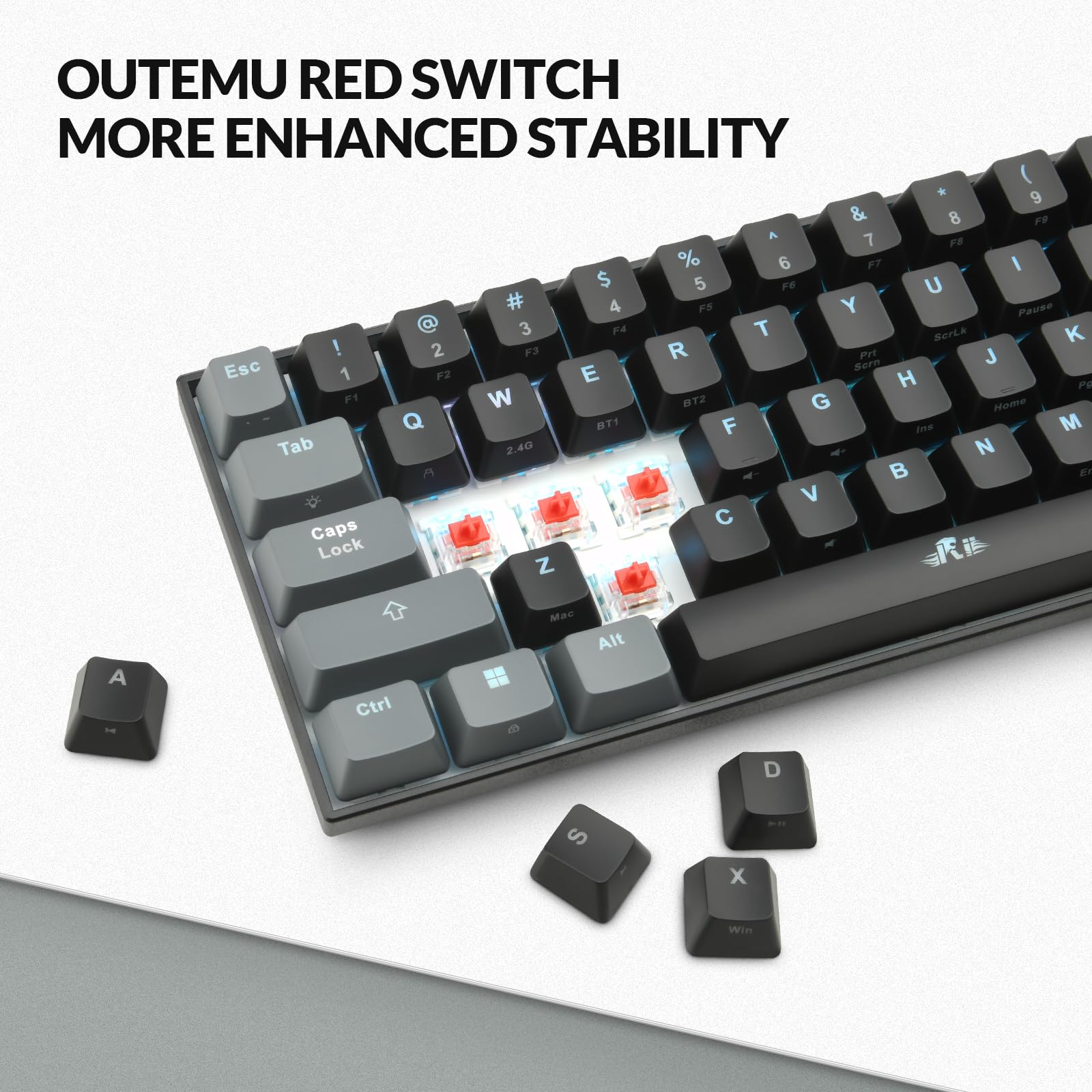 Rii 60% Compact Mechanical Gaming Keyboard - Bluetooth 5.0/Wired USB-C/2.4GHz Wireless, RGB Backlit, Linear Red Switches, PBT Keycaps, QMK/VIA Programmable for Windows/Mac/PC/Laptop (Black) - Perfect for Esports, Office Work & Travel