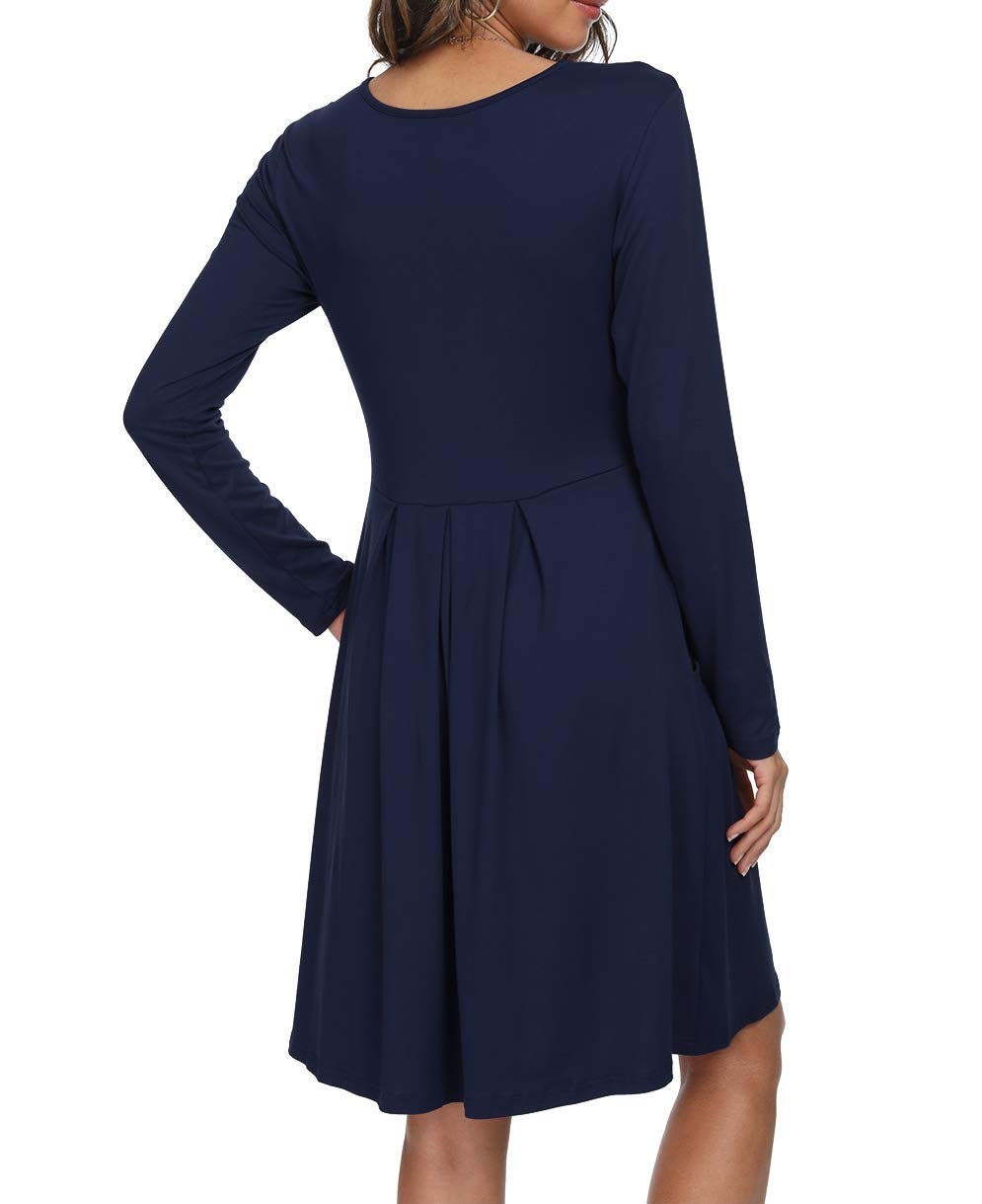 DouBCQ Women's Casual Long Sleeve Flowy Pleated Dress with Pockets - Elegant Fall & Winter Midi Dress for Work, Date Night & Holiday Parties