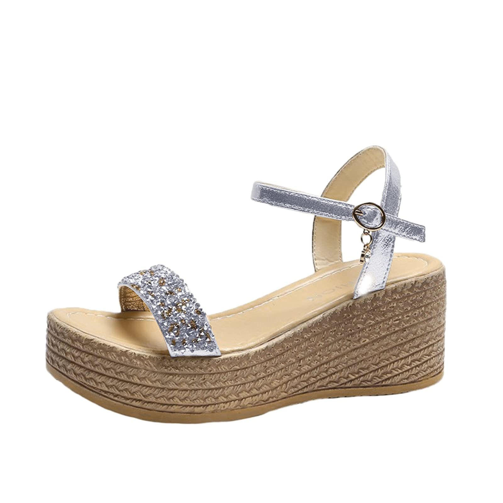Elegant Rhinestone Platform Sandals for Women - Trendy Summer Wedge Heels with Buckle Strap, Solid Color Dressy Footwear | Perfect for Weddings, Parties & Casual Outings