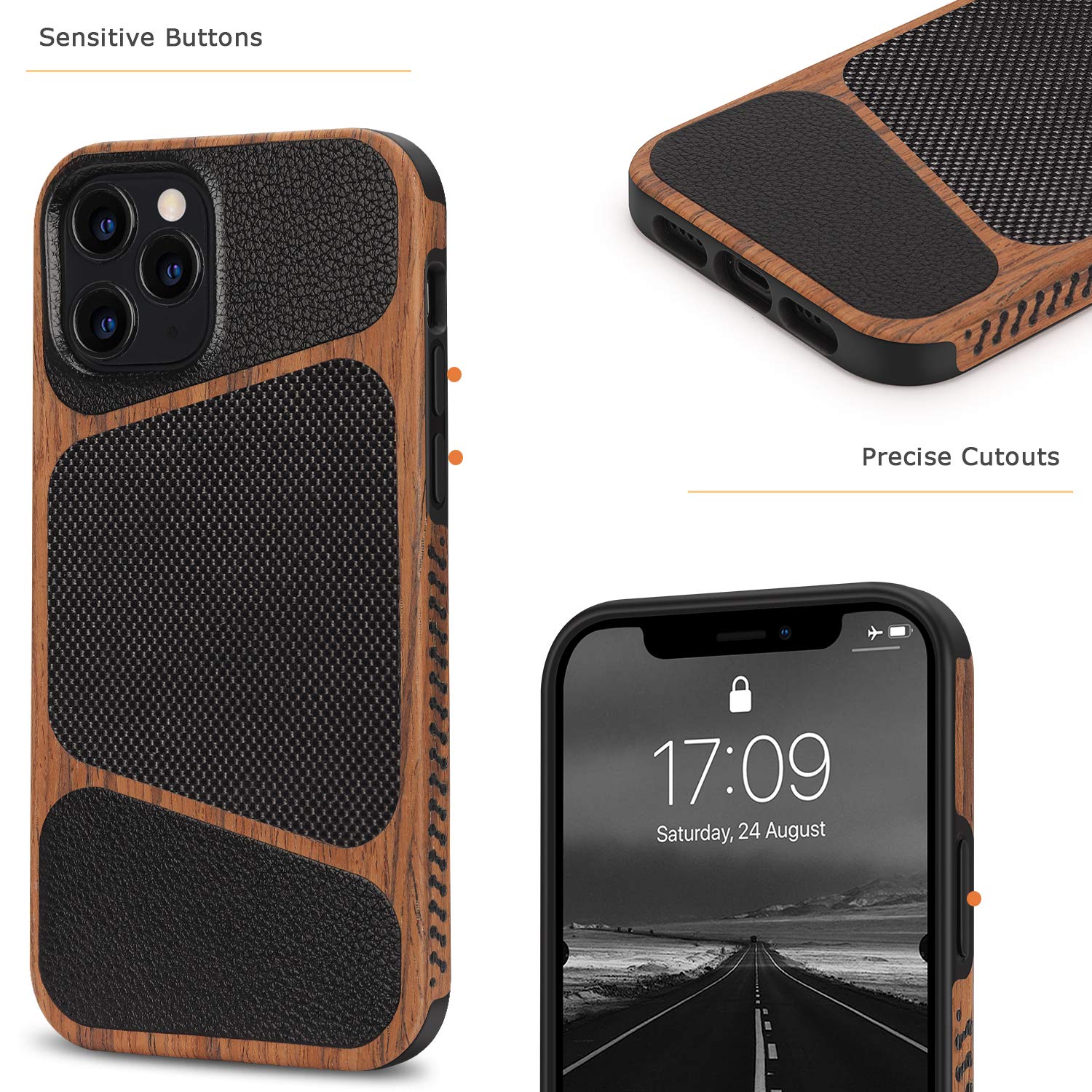 Tasikar iPhone 12 Pro Max Case - Wood Grain & Nylon Fabric Hybrid Slim Cover with Leather Design - Easy Grip Protective Phone Case (Black) - Perfect for Daily Use, Office & Travel Protection