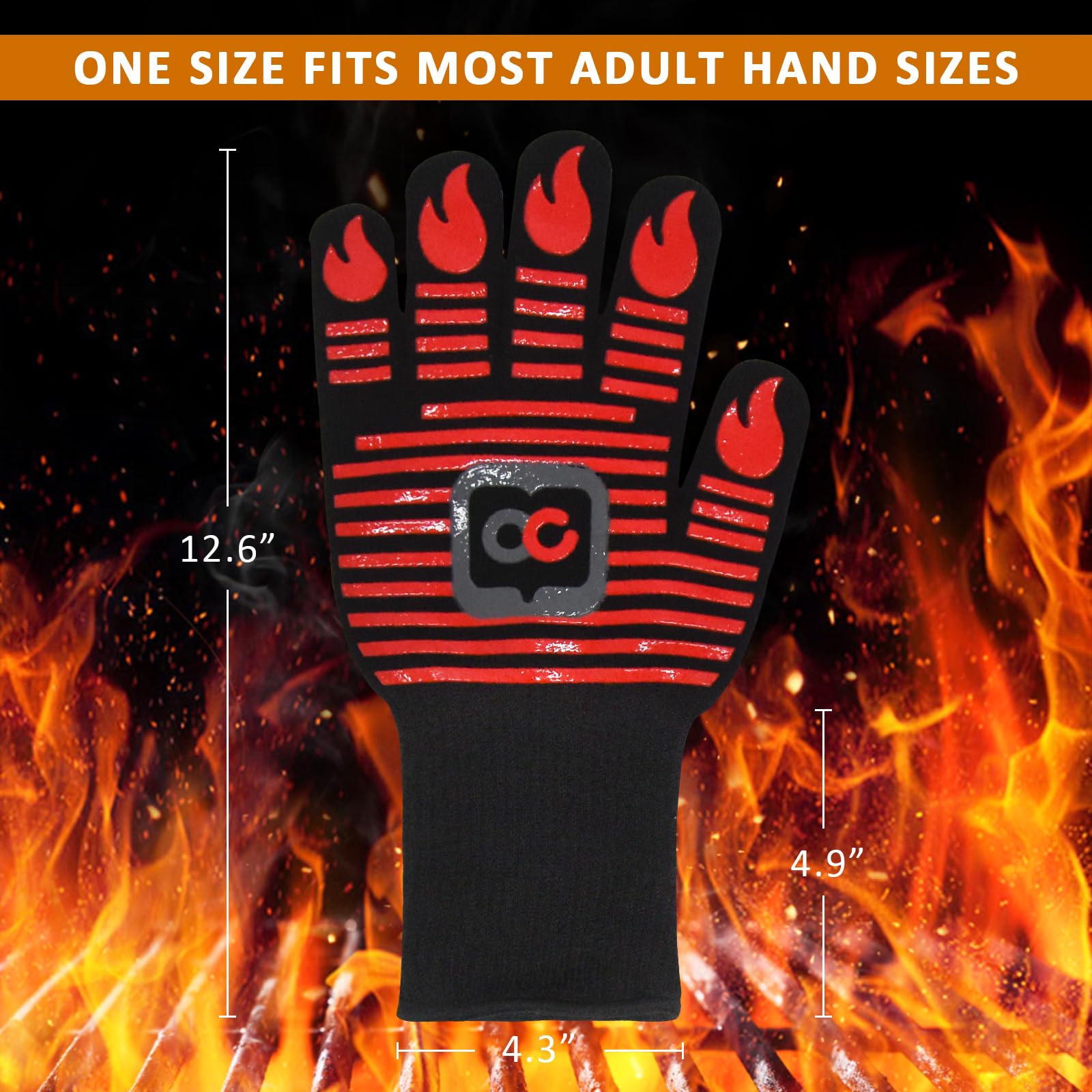 Heat Resistant BBQ Gloves - 1472°F High Temperature Grilling & Oven Gloves, Non-Slip Silicone Kitchen Gloves for Barbecue, Cooking, Baking, Meat Cutting - Perfect for Outdoor Grilling, Camping & Backyard Parties (Red)