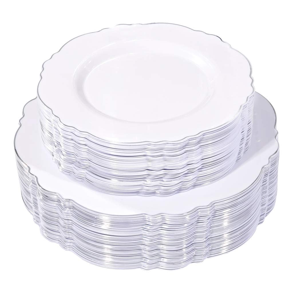 100-Piece Silver Plastic Plates Set - Elegant Baroque Design for Upscale Parties & Weddings - Includes 50 Dinner Plates (10.25
