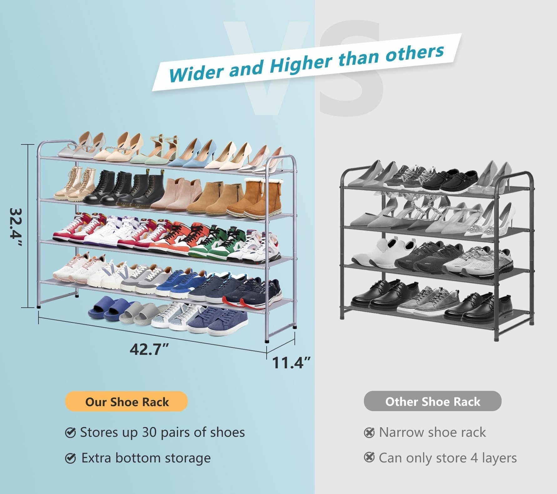 AOODA 4-Tier Stackable Shoe Rack Organizer - Holds 30 Pairs of Shoes, Sneakers, Boots & Heels - Space Saving Closet & Bedroom Storage Shelf (Grey) - Perfect for Small Spaces, Entryways & Dorm Rooms