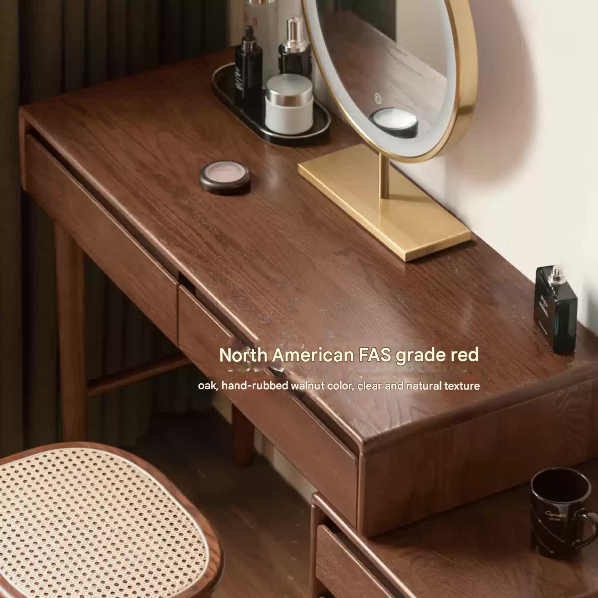 Modern Oak Solid Wood Retractable Vanity Dressing Table with Mirror - Perfect for Bedroom, Bathroom & Makeup Organization