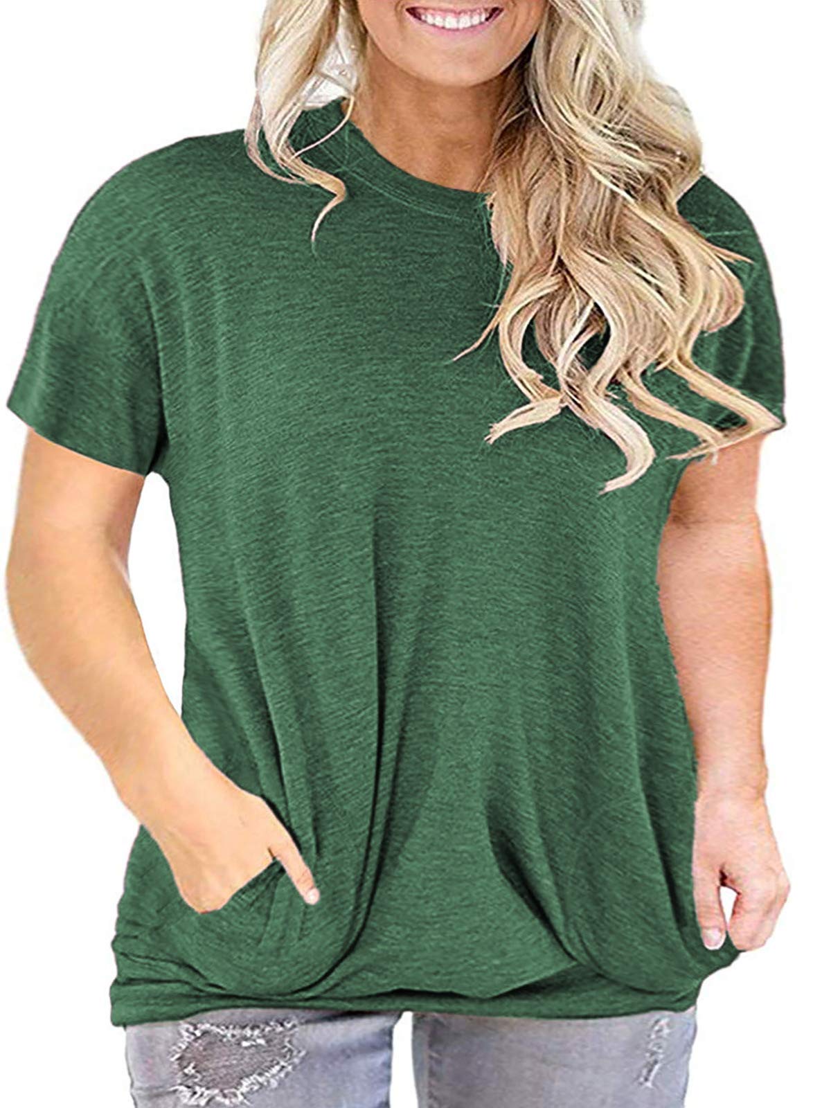 LANREMON Women's Plus Size Casual Short Sleeve Tunic Top with Pockets - Round Neck Loose Fit Blouse for Work, Travel & Everyday Wear