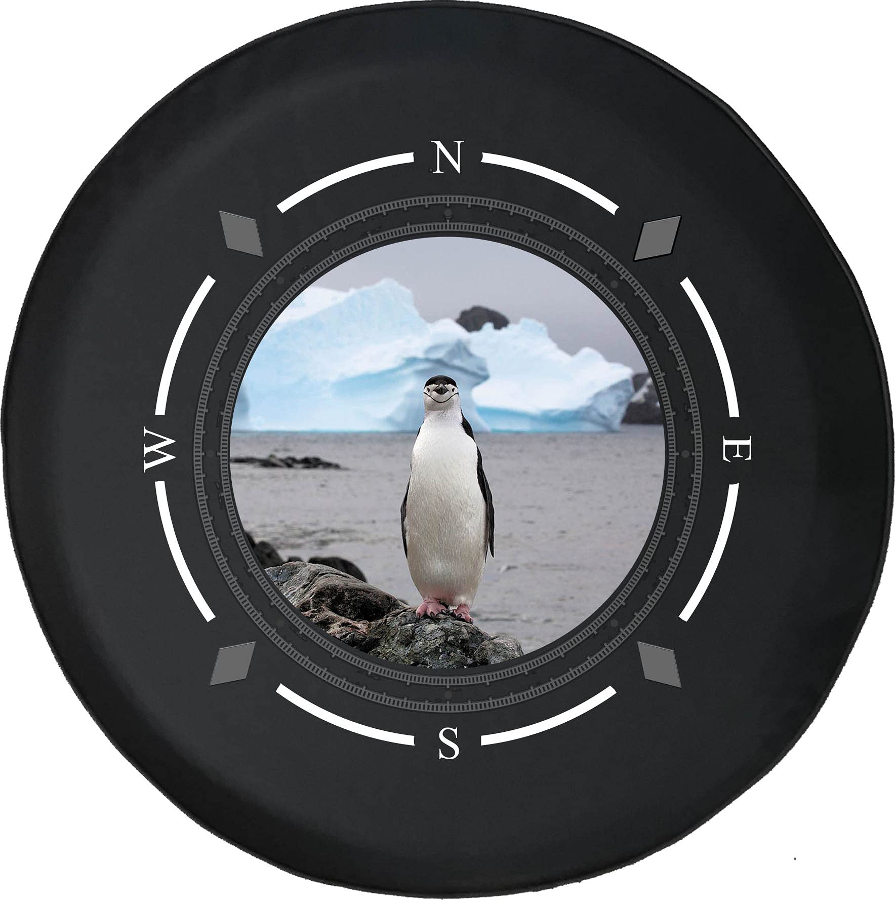 Premium American Unlimited Spare Tire Cover with Compass Design - Single Penguin on Iceberg Rocks - Universal Fit for SUV, Trailer, RV & Most Vehicles - Durable Wheel Accessory for Outdoor Adventures & Road Trips