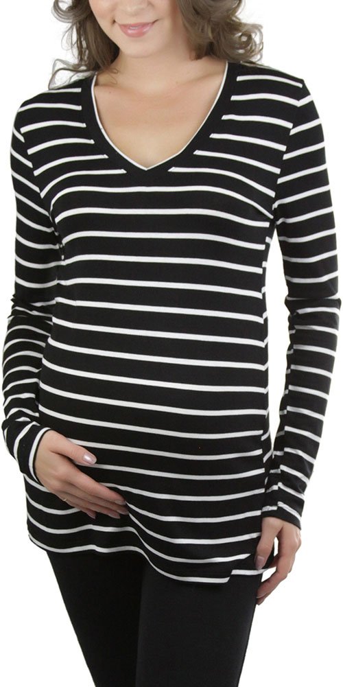 Stylish Maternity Striped V-Neck Long Sleeve Stretchy Top for Pregnant Women - Perfect for Work, Casual Wear & Pregnancy Photos