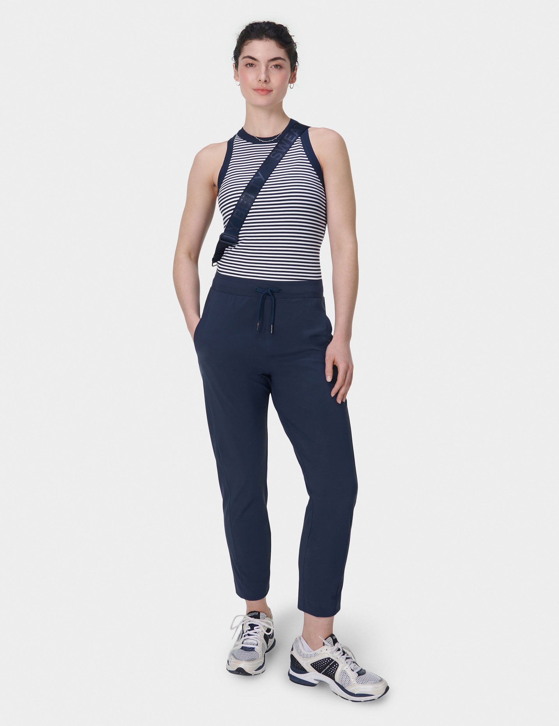 Harper Racer Vest for Women - Navy & White Striped Sleeveless Top - Perfect for Gym, Running, Yoga and Casual Wear