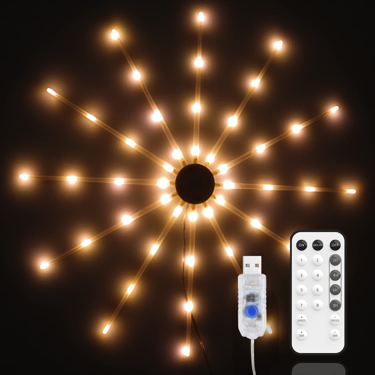 120 LED Starburst String Lights with Remote - 8 Lighting Modes USB Plug Fairy Lights for Christmas, Party, Wedding, Patio & Garden Decor | Waterproof Firework Wall Lights for Indoor & Outdoor Use