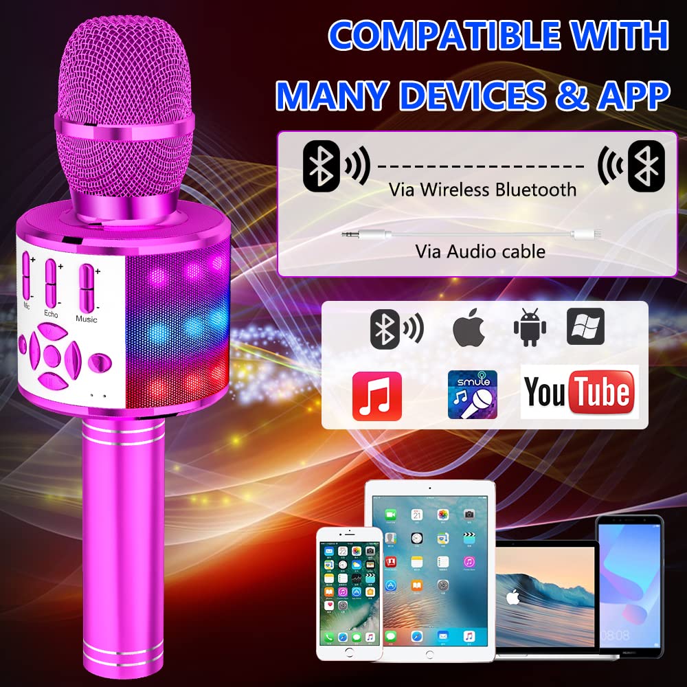 Amazmic Kids Bluetooth Karaoke Microphone with LED Lights - Portable Wireless Singing Machine for Children & Adults, Perfect for Birthday Parties, Home KTV & Family Gatherings (Purple)