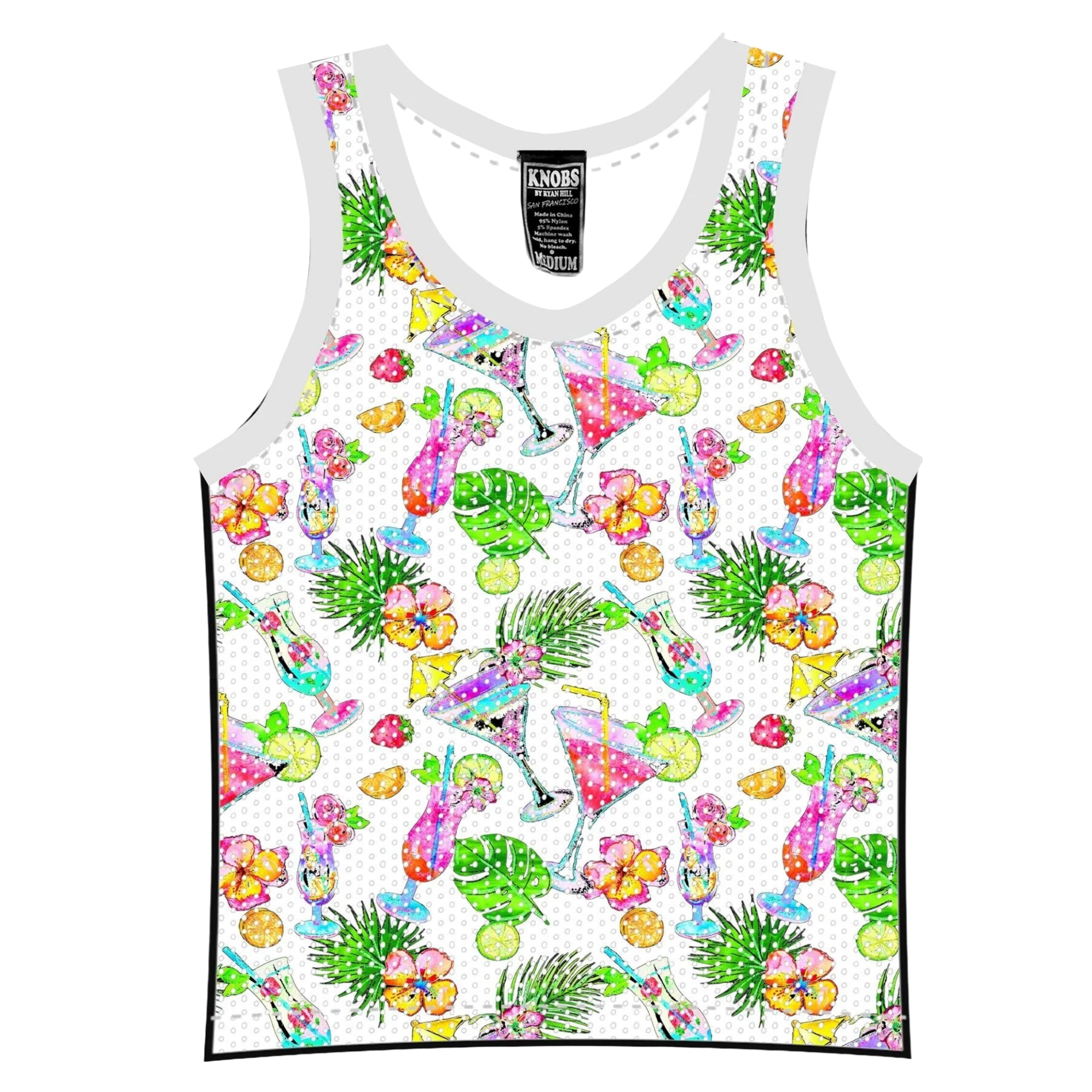 Knobs Cocktails Mesh Tank Top - White | Stylish Women's Casual Wear for Summer, Beach, and Parties
