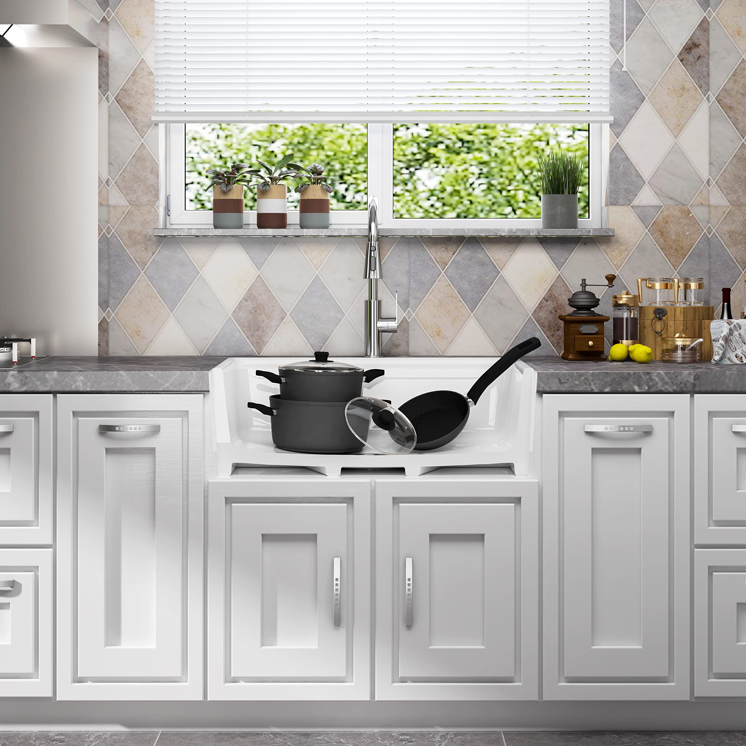 MEJE #KS 33x20 Inch 50/50 Double Bowl Ceramic Farmhouse Kitchen Sink with Apron-Front Design, Step Rim Workstation, Cutting Board, Grid & Strainer - White | Perfect for Modern Farmhouse, Rustic & Country Style Kitchens
