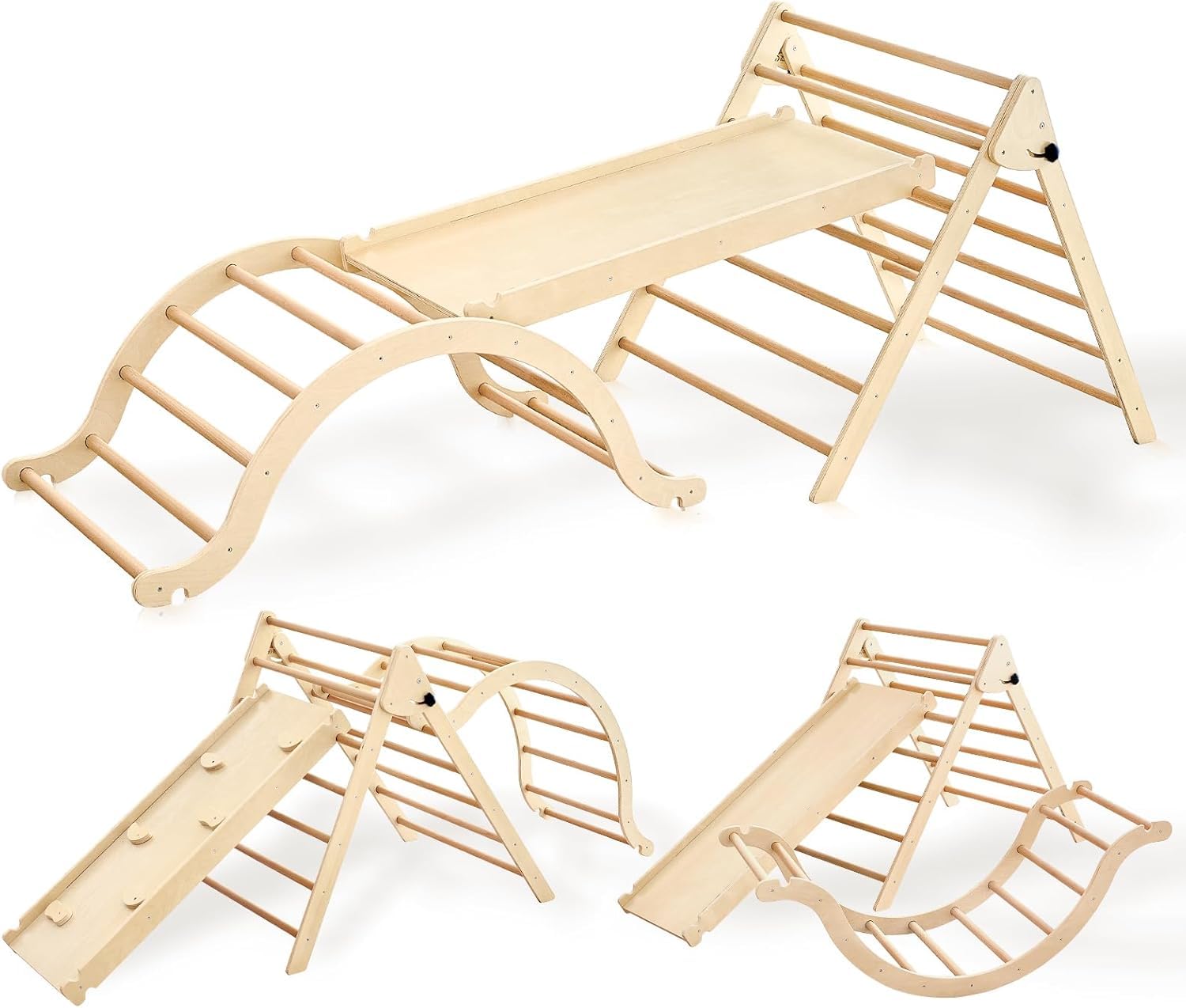 5-in-1 Foldable Pikler Triangle Set with Slide & Climbing Arch - Montessori Wooden Climbing Toy for Toddlers Ages 3-6 - Indoor Jungle Gym for Kids - Perfect for Playrooms, Daycares & Home Play Areas