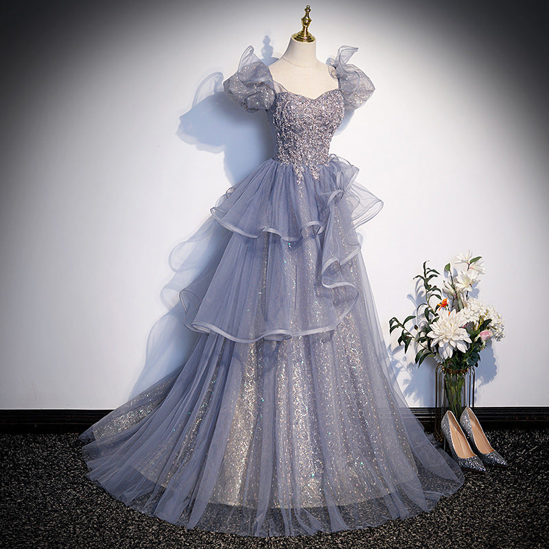 Elegant Fluffy Gray Blue Ball Gown for Sweet 16, Prom & Formal Events - Puff Sleeves Princess Dress 716 | Perfect for Quinceañera, Homecoming, Wedding & Special Occasions