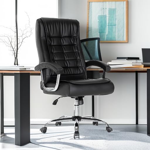 Premium Ergonomic Executive Office Chair - Adjustable High Back Leather Swivel Chair with Padded Seat & Armrests - 350lbs Weight Capacity - Spring Support Computer Desk Chair for Home Office (Black) - Perfect for Long Work Hours & Video Conferencing