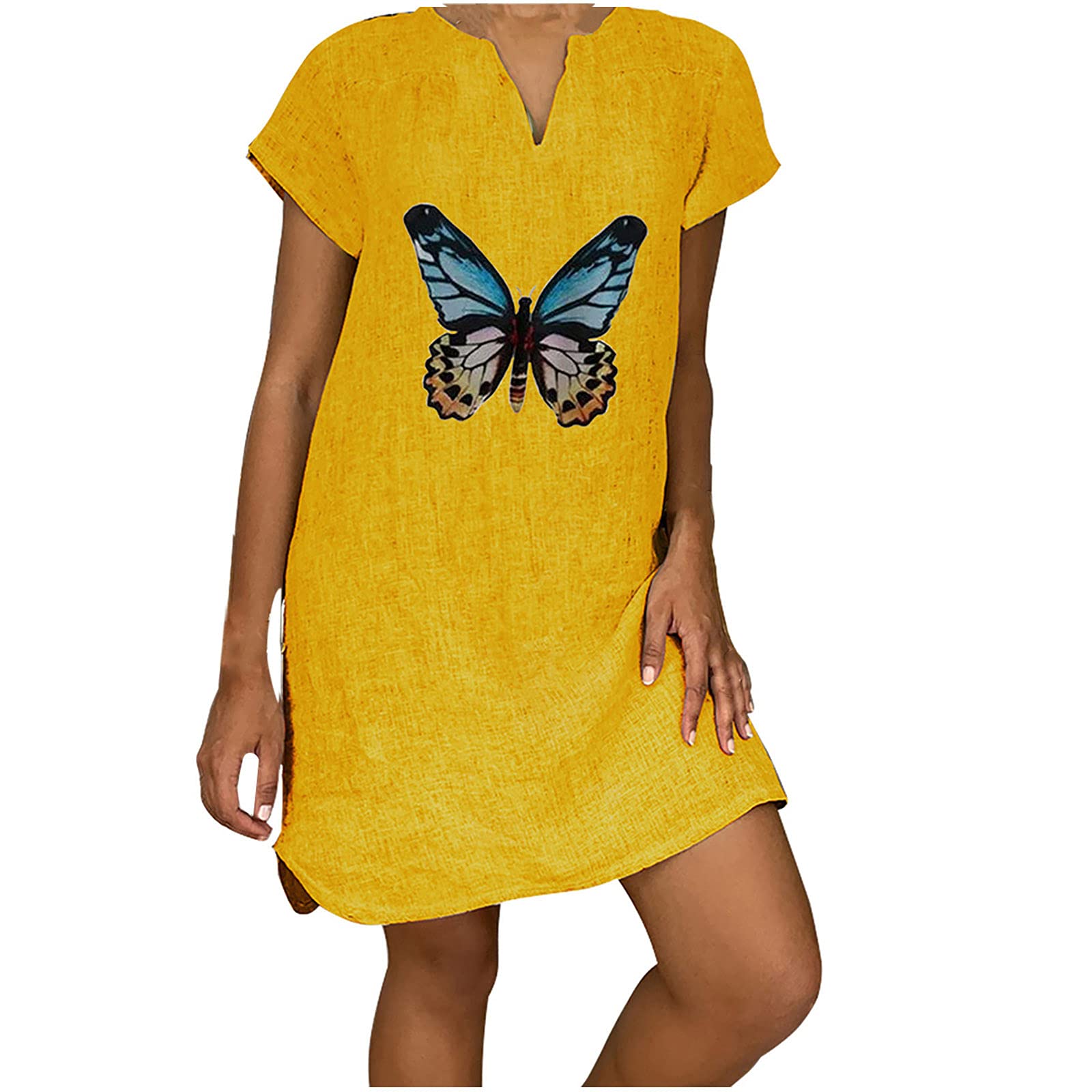 Women's Summer Short Sleeve V-Neck Casual Dress - Floral Butterfly Print Mini Shift Dress in Breathable Cotton Linen Blend | Perfect for Beach Vacation, Party, and Everyday Wear