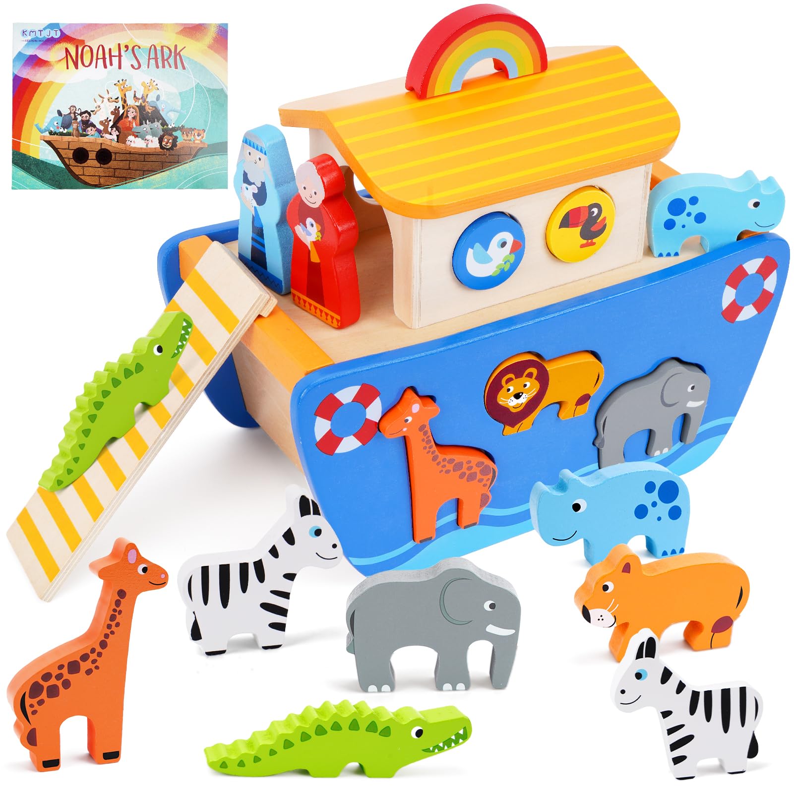 Noah's Ark Wooden Toy Set for Toddlers - Animal Shape Sorter Montessori Learning Toy with Bible Story Book - Perfect Baptism Gift for 1 2 3 Year Old Boys & Girls (12-24 Months) - Great for Early Education, Playtime & Sunday School Activities